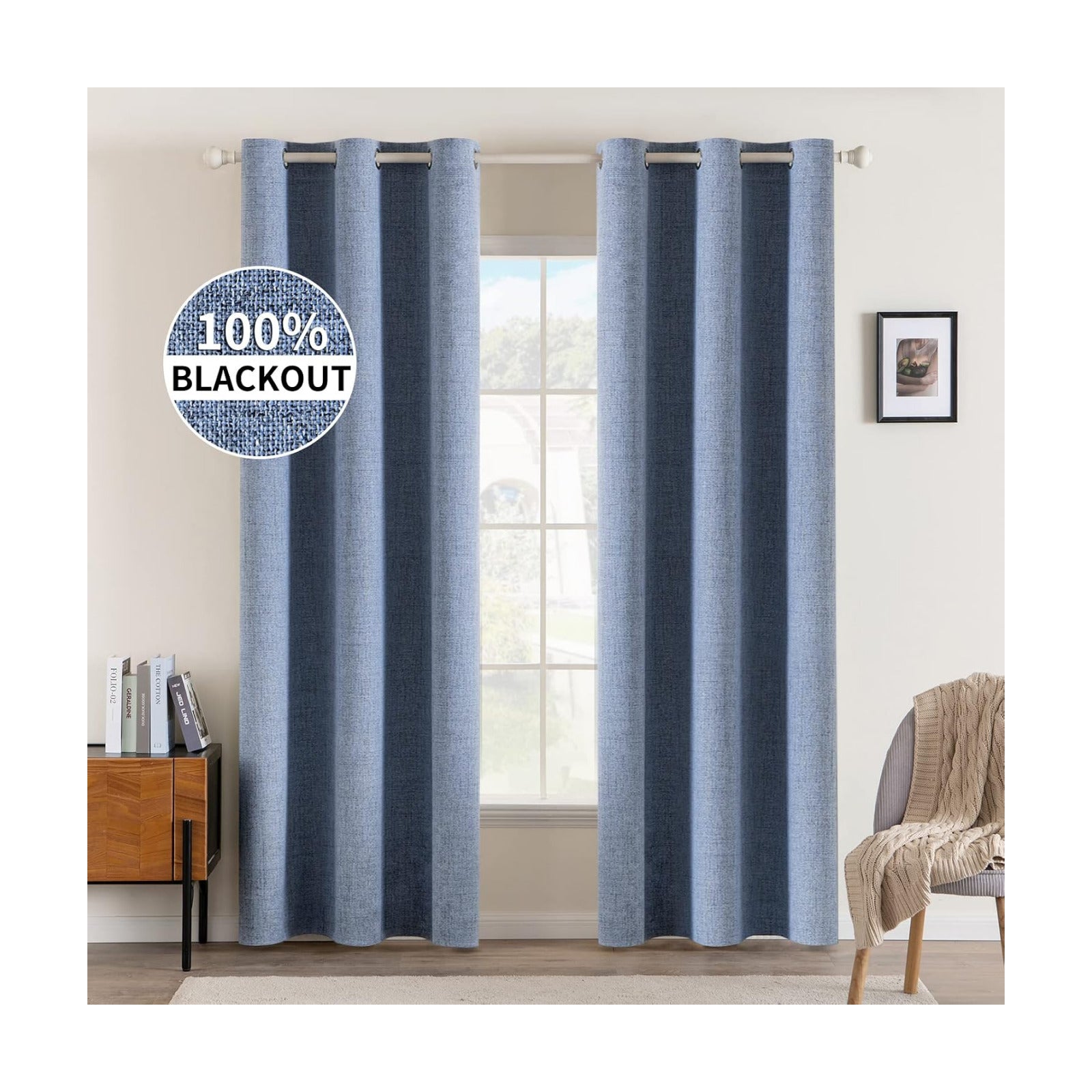 MIULEE 100% Blackout Linen Curtains for Bedroom 42x90 Inches Stone Blue