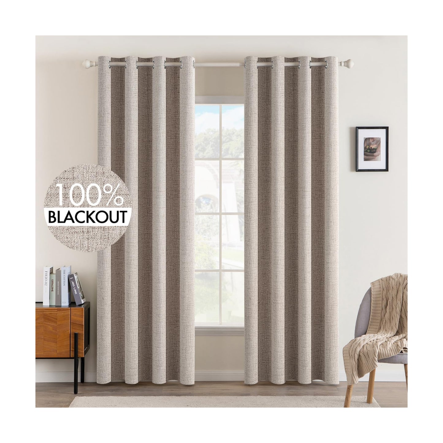 MIULEE 100% Blackout Linen Curtains for Bedroom 52x96 Inches Khaki