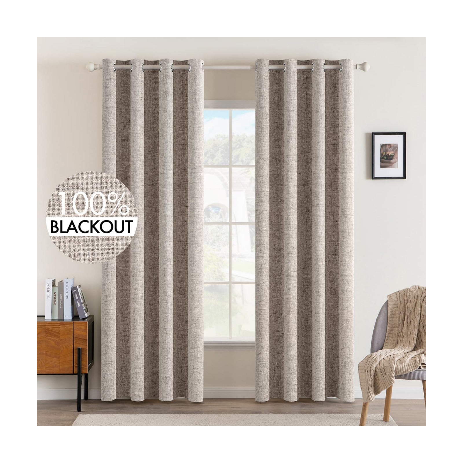 MIULEE 100% Blackout Linen Curtains for Bedroom 52x96 Inches Khaki