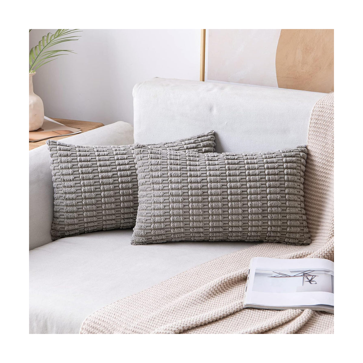 MIULEE Lumbar Corduroy Decorative Throw Pillow Covers 12x20 Light Grey