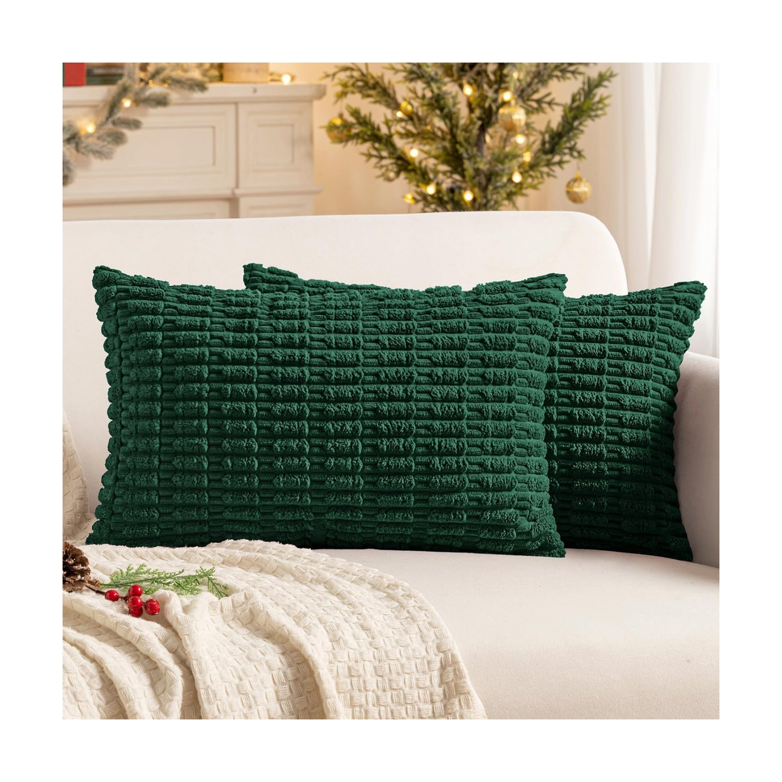 MIULEE Pack of 2 Dark Green Corduroy Decorative Christmas Pillow Covers 12x20 Inch Soft Boho Striped Throw Pillow