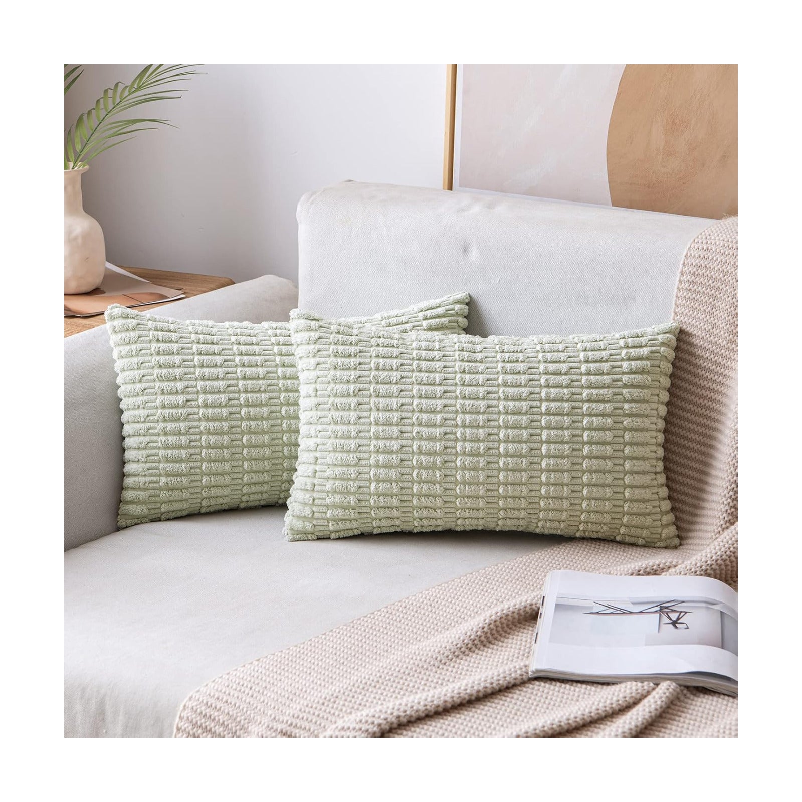 MIULEE Lumbar Corduroy Decorative Throw Pillow Covers 12x20 Light Green