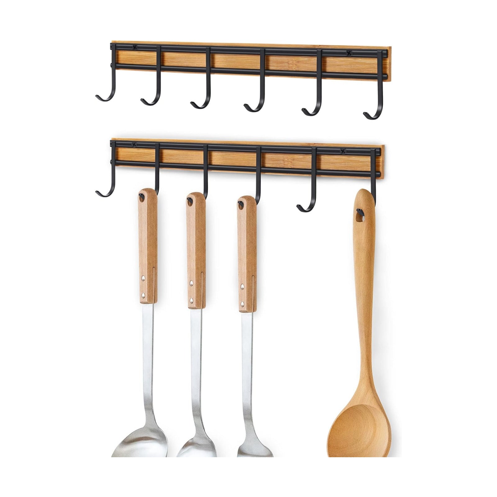 6 Hooks / Kitchen Wall Hooks / Bamboo + Screws / Set of 2