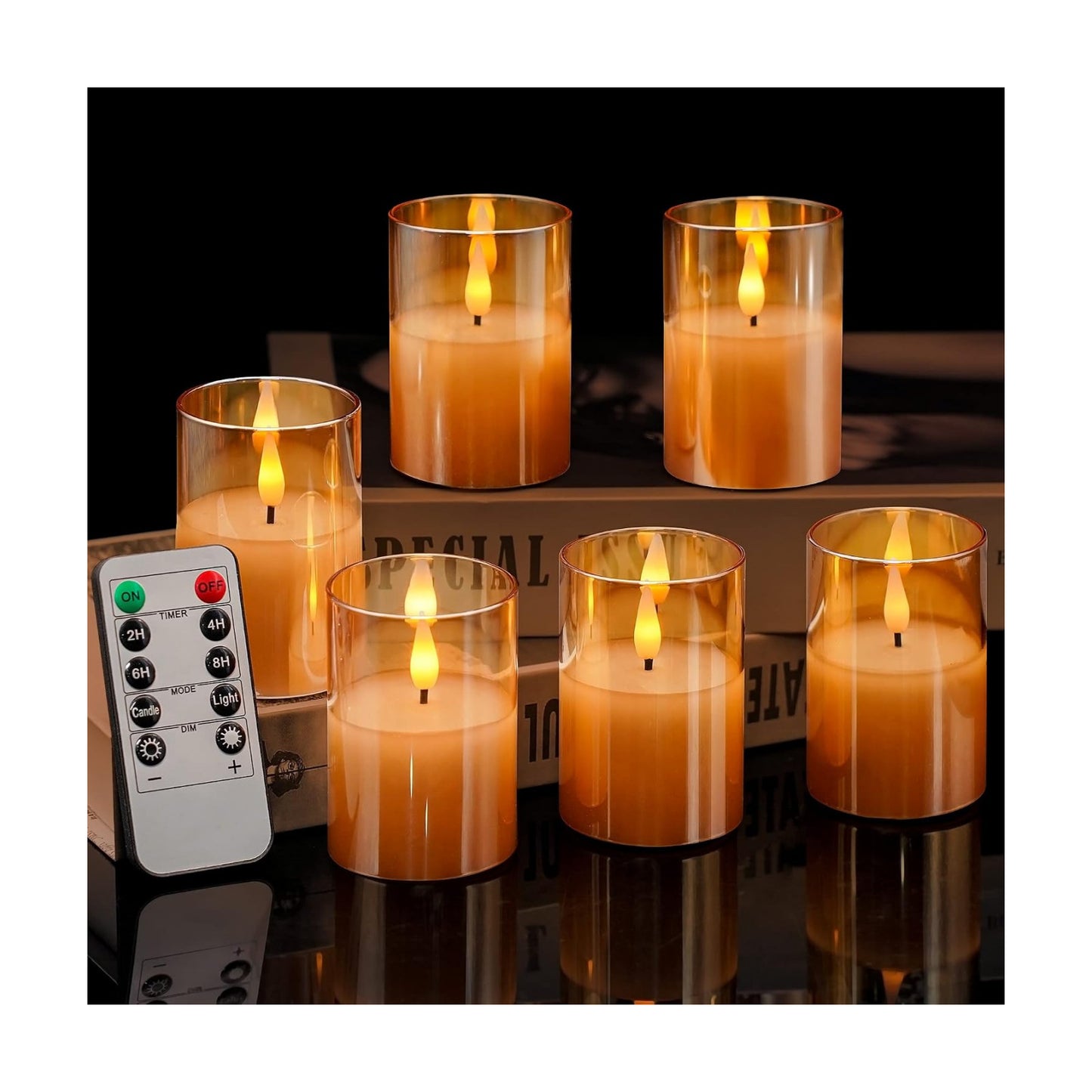 Glass Flameless Votive Candles with Remote, Battery Operated, 6Pack Gold | 2x3" Glass & Real Wax, 2/4/6/8H Timers, 2