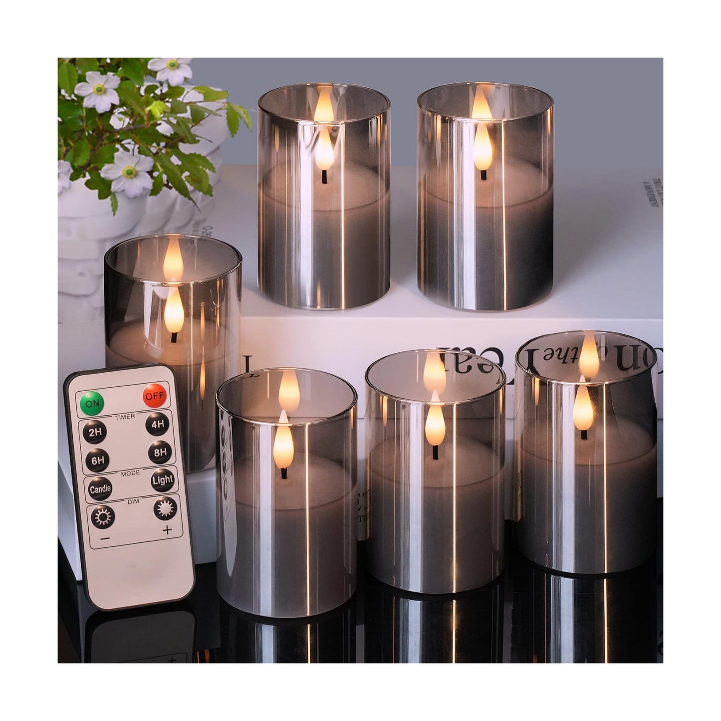 Glass Flameless Votive Candles with Remote, Battery Operated, 6Pack Gray | 2x3" Glass & Real Wax, 2/4/6/8H Timers, 2