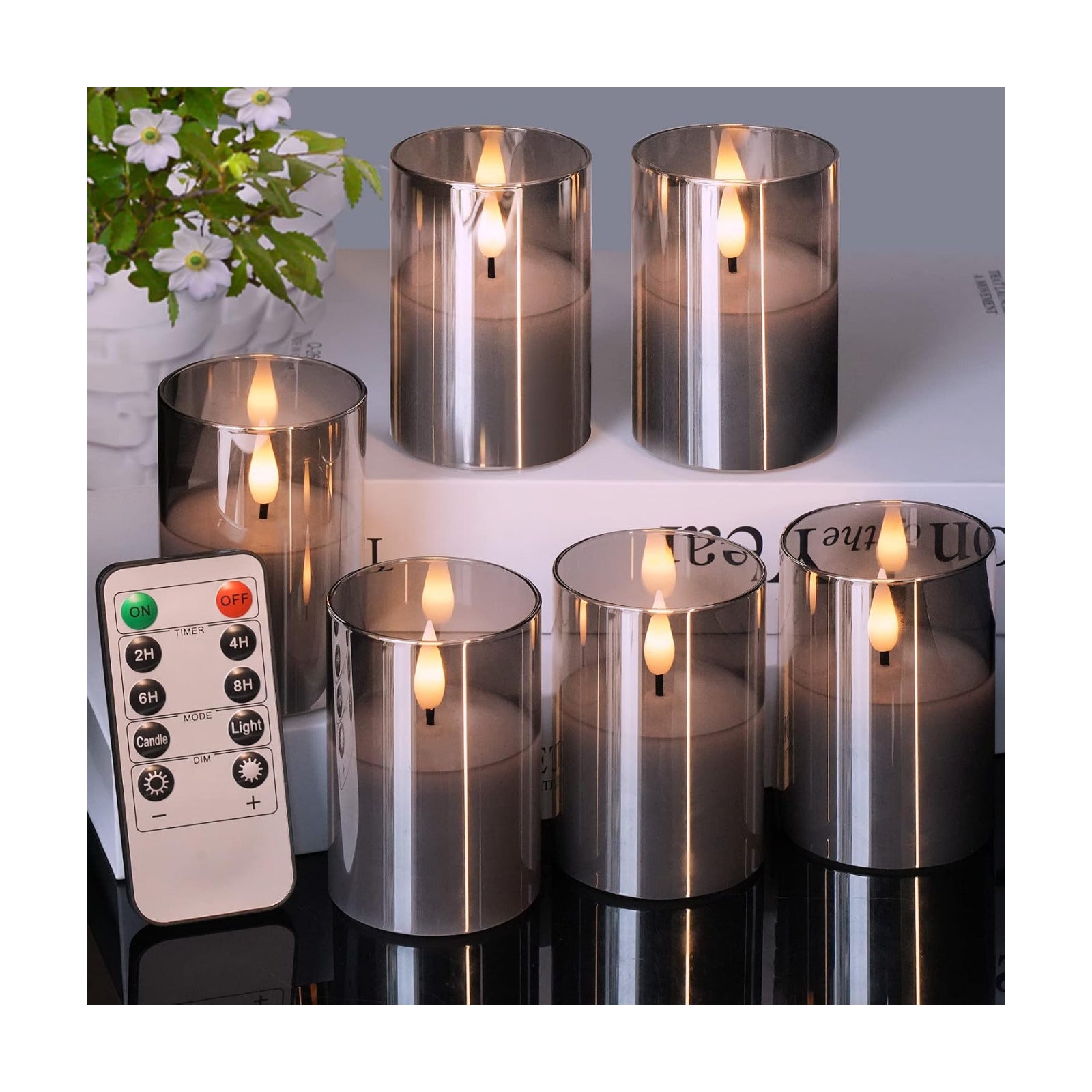 Glass Flameless Votive Candles with Remote, Battery Operated, 6Pack Gray | 2x3" Glass & Real Wax, 2/4/6/8H Timers, 2