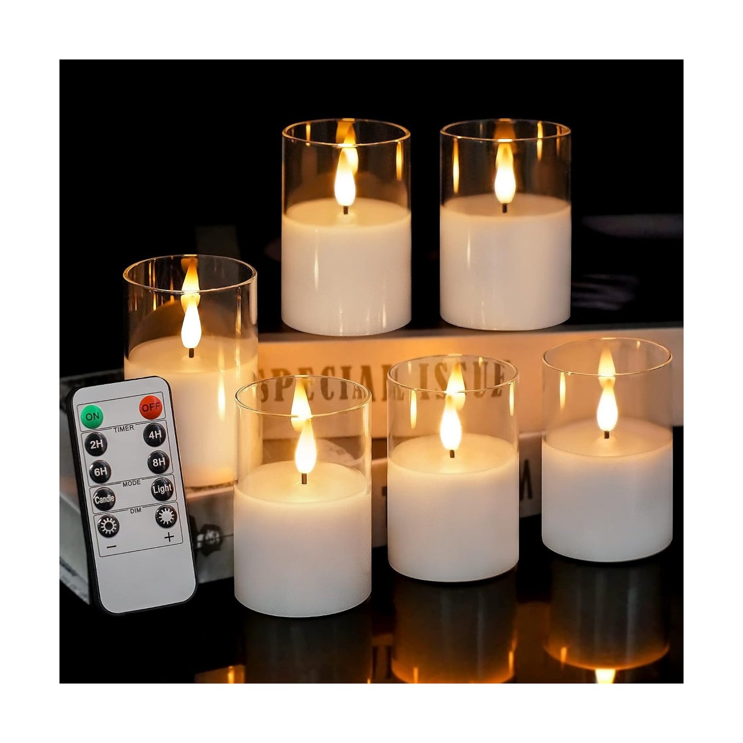 Glass Flameless Votive Candles with Remote, Battery Operated, 6Pack Clear | 2x3" Glass & Real Wax, 2/4/6/8H Timers, 2