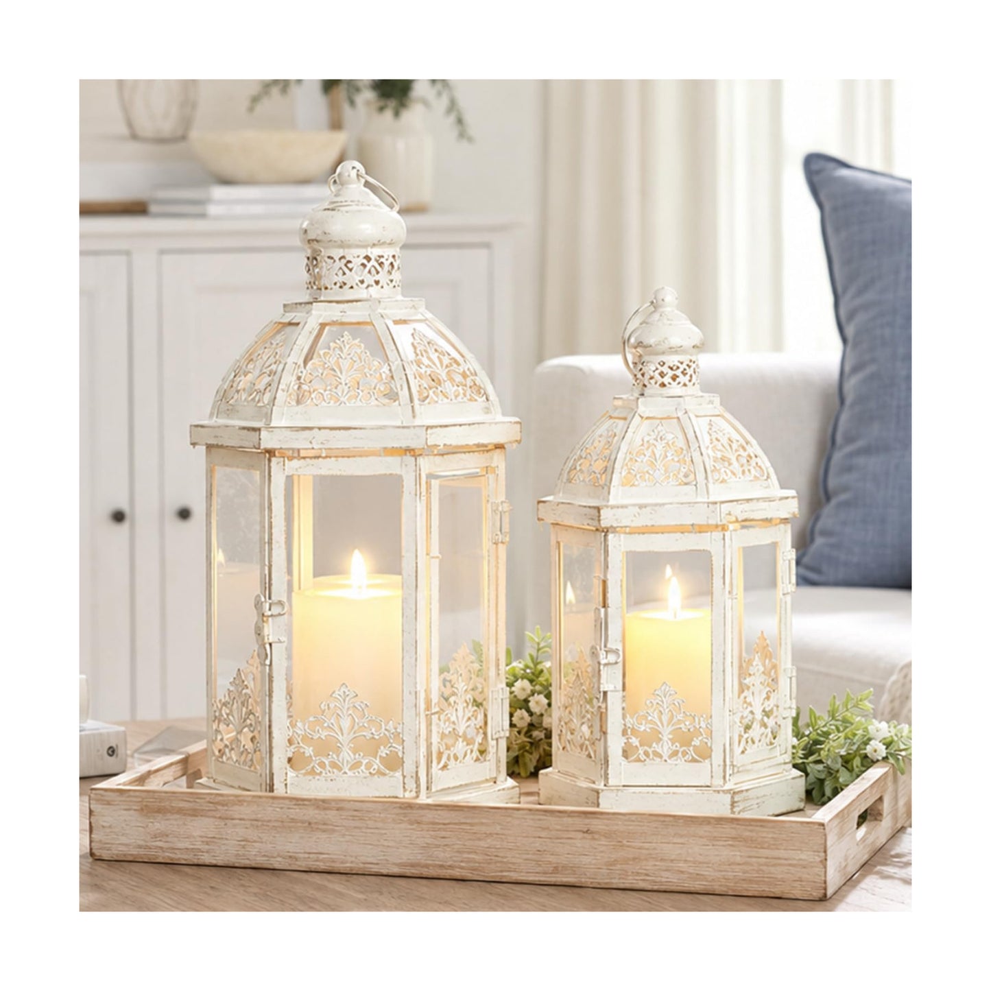 Lanterns Decorative Outdoor&Indoor, Set of 2 (15"&11") Beige Metal Lantern Decor with Glass, Candle Holder for Porch