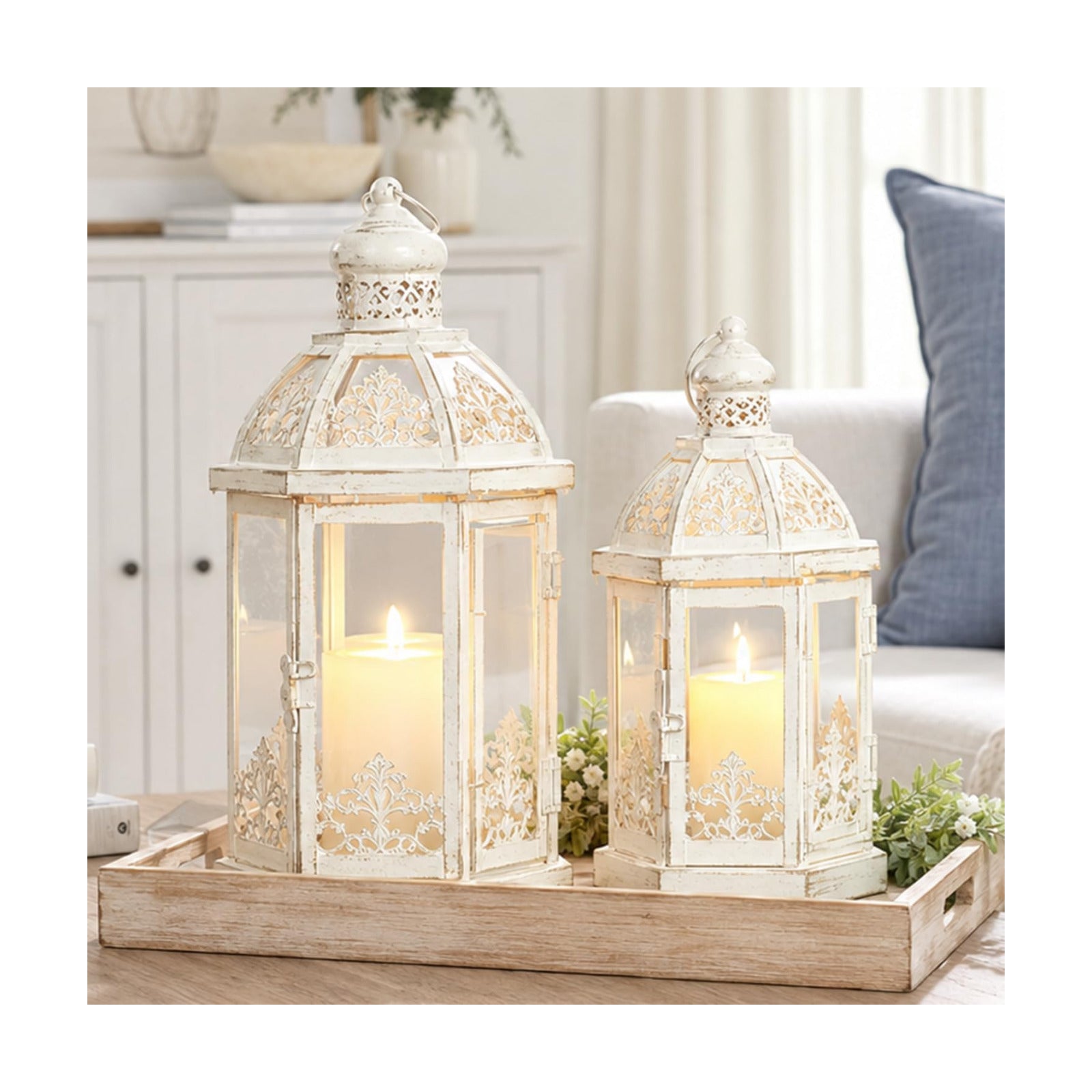 Lanterns Decorative Outdoor&Indoor, Set of 2 (15"&11") Beige Metal Lantern Decor with Glass, Candle Holder for Porch