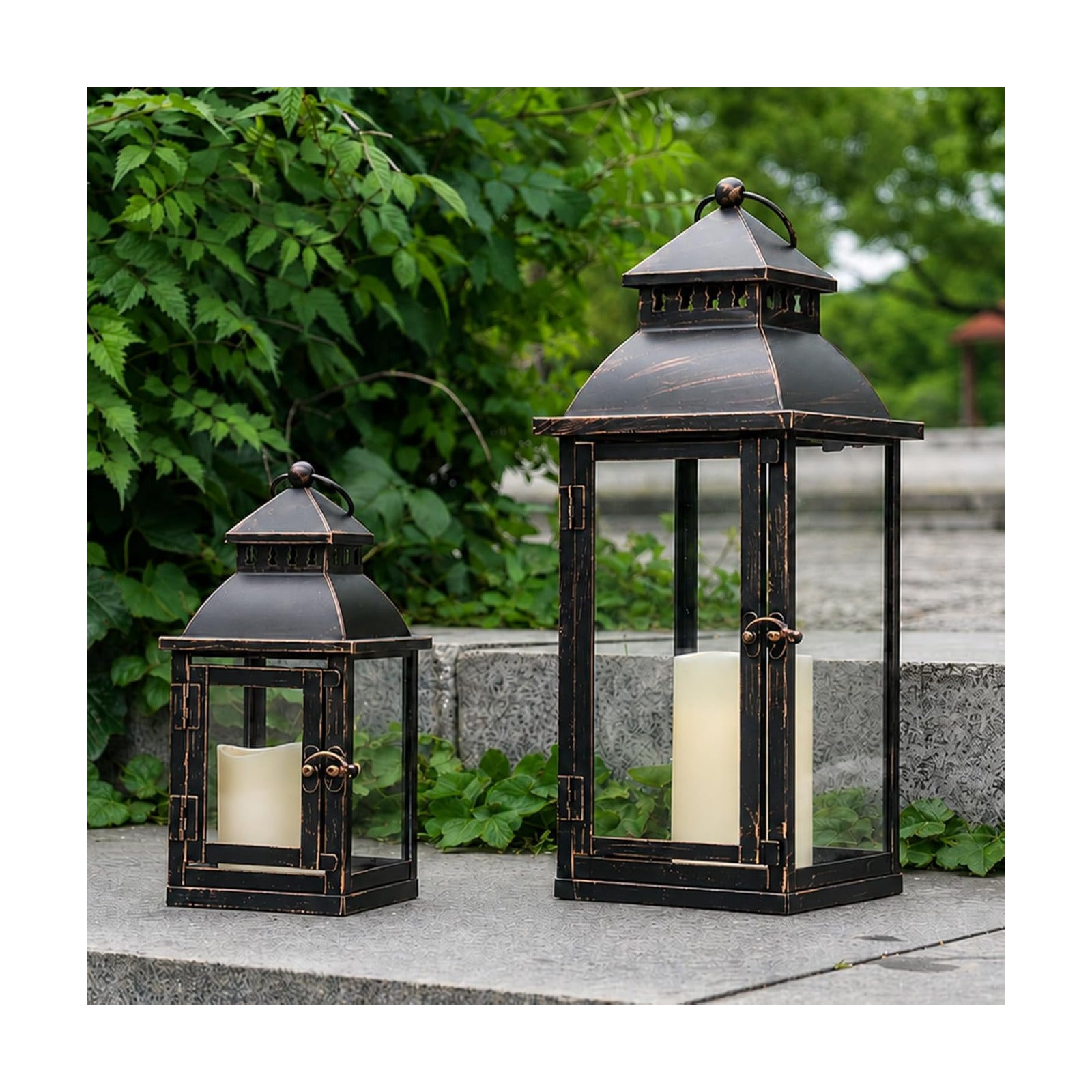 NEEDOMO Lanterns Decorative Outdoor&Indoor, Set of 2 Large Bronze Metal Lantern Decor with Glass, Candle Holder for