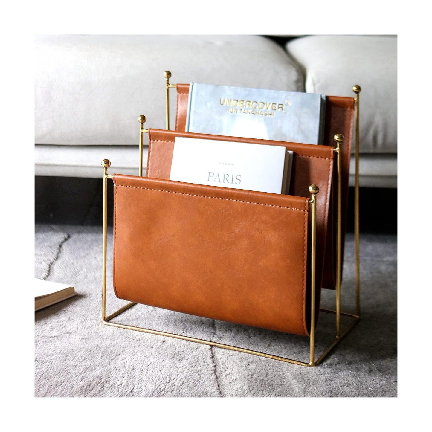 Plated Metal Wire and Leatherette Magazine Holder Rack, 2-Slot Standing Rack for Magazines, Books, Newspapers, Home