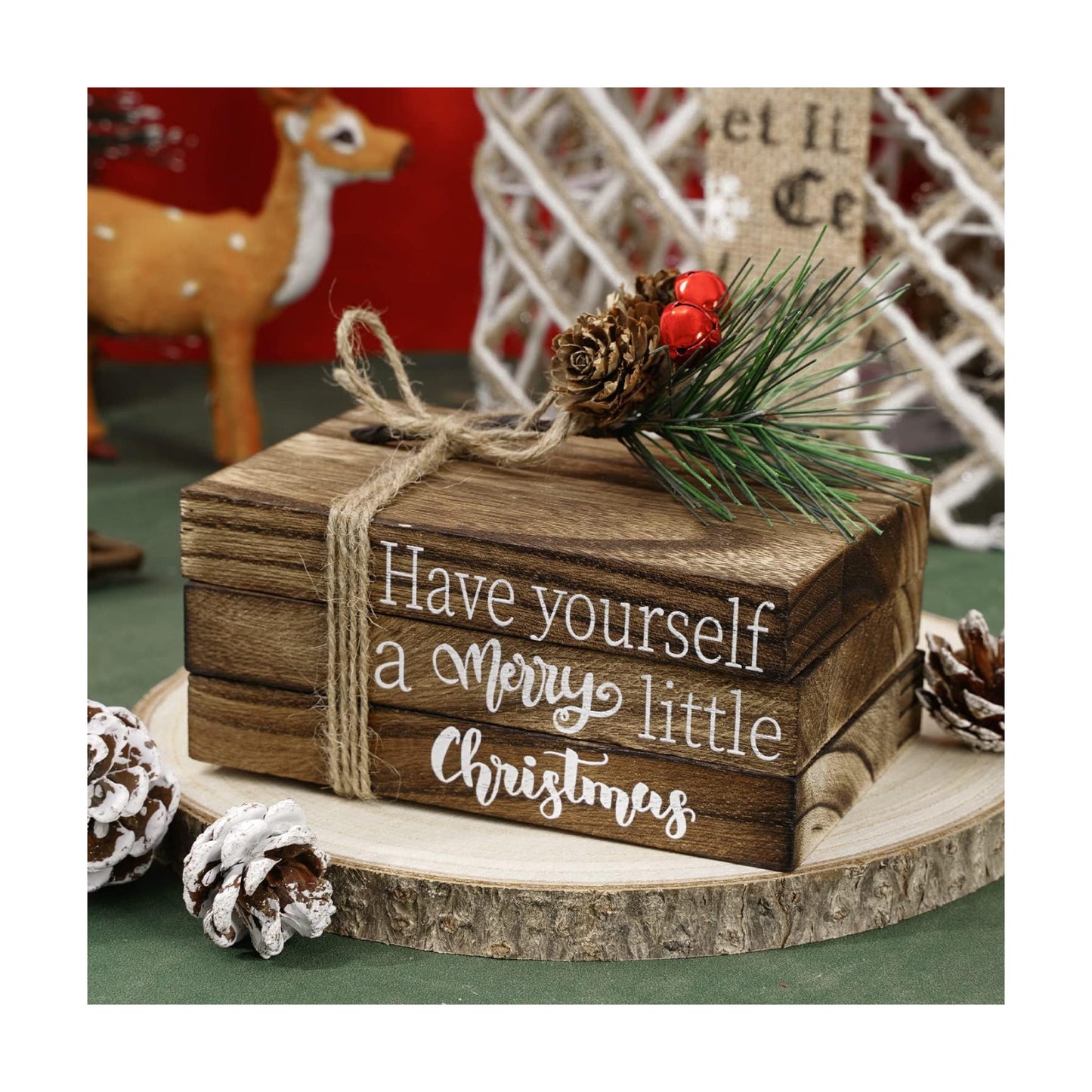 Christmas Wooden Tiered Tray Decor Merry Christmas Faux Decorative Stacked Books Bundle Wooden Block