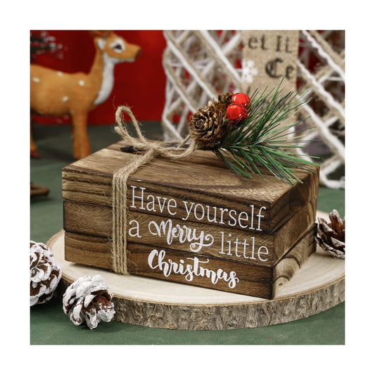 Christmas Wooden Tiered Tray Decor Merry Christmas Faux Decorative Stacked Books Bundle Wooden Block