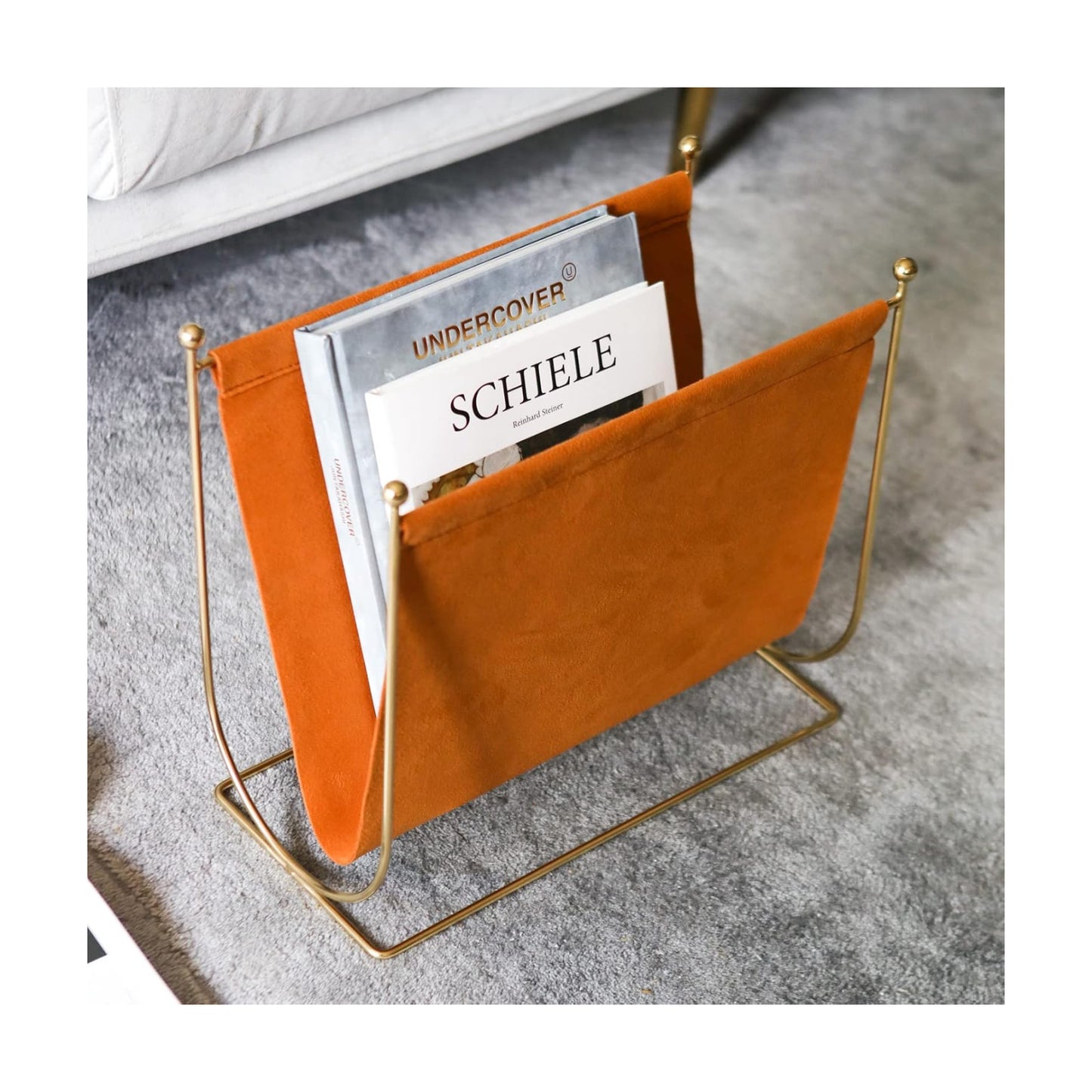 Plated Metal Wire and Suede Leather Magazine Holder Rack, Standing Rack for Magazines, Books, Newspapers, Home Staging
