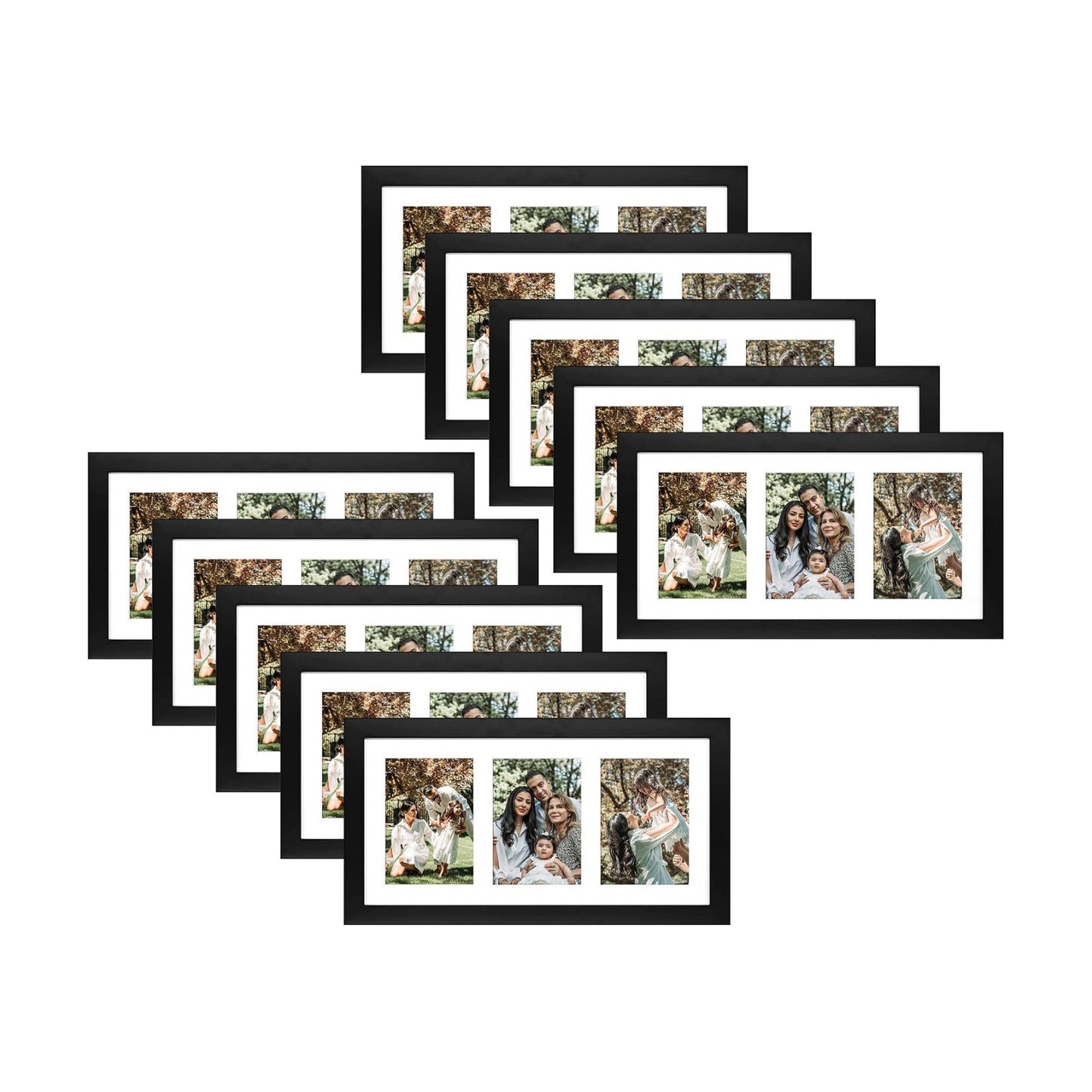Golden State Art 9x18 Black Wood Frame - for Three 5x7 Pictures, 10 Pack | Matted to 3 5x7 Picture,Solid Wood Collage