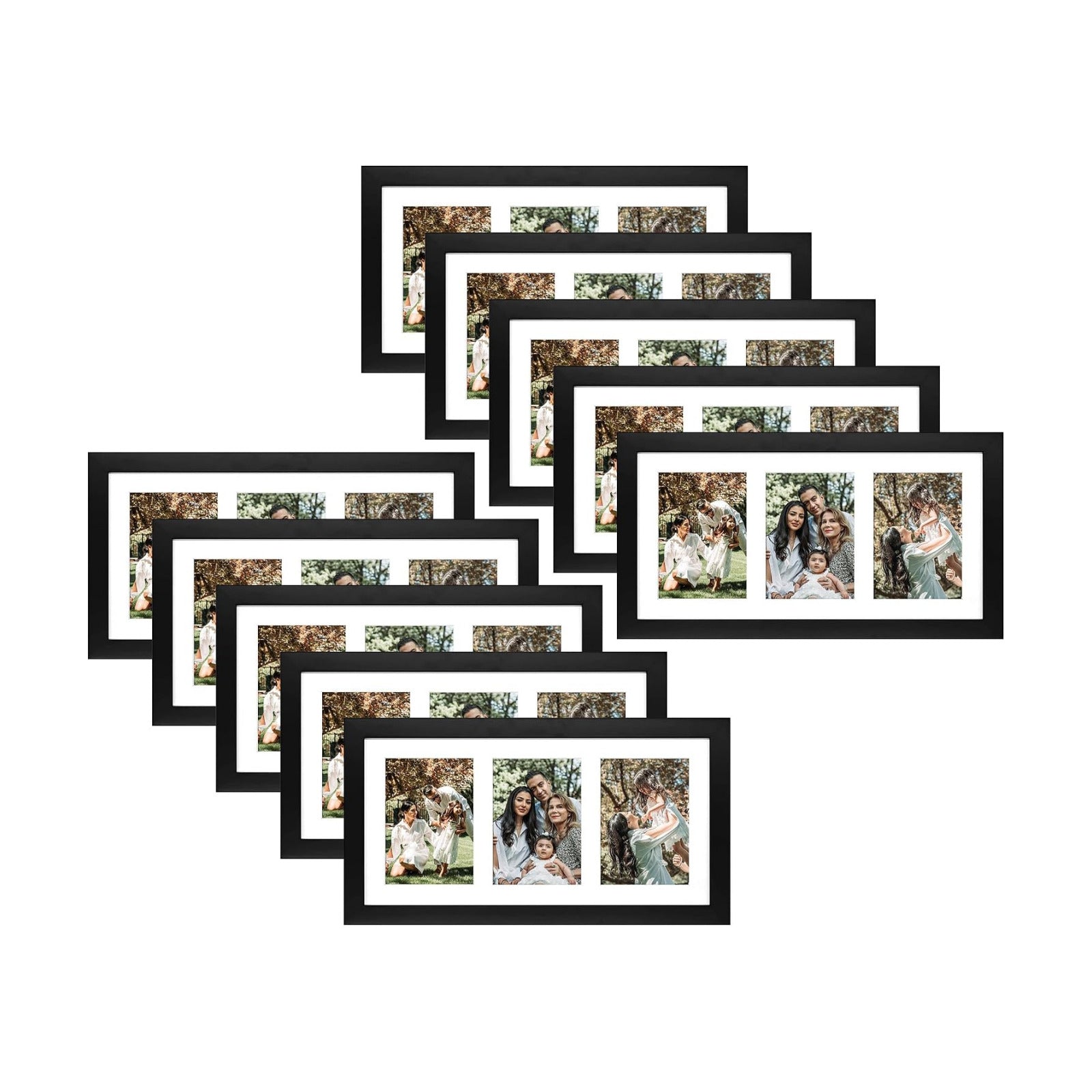 Golden State Art 9x18 Black Wood Frame - for Three 5x7 Pictures, 10 Pack | Matted to 3 5x7 Picture,Solid Wood Collage