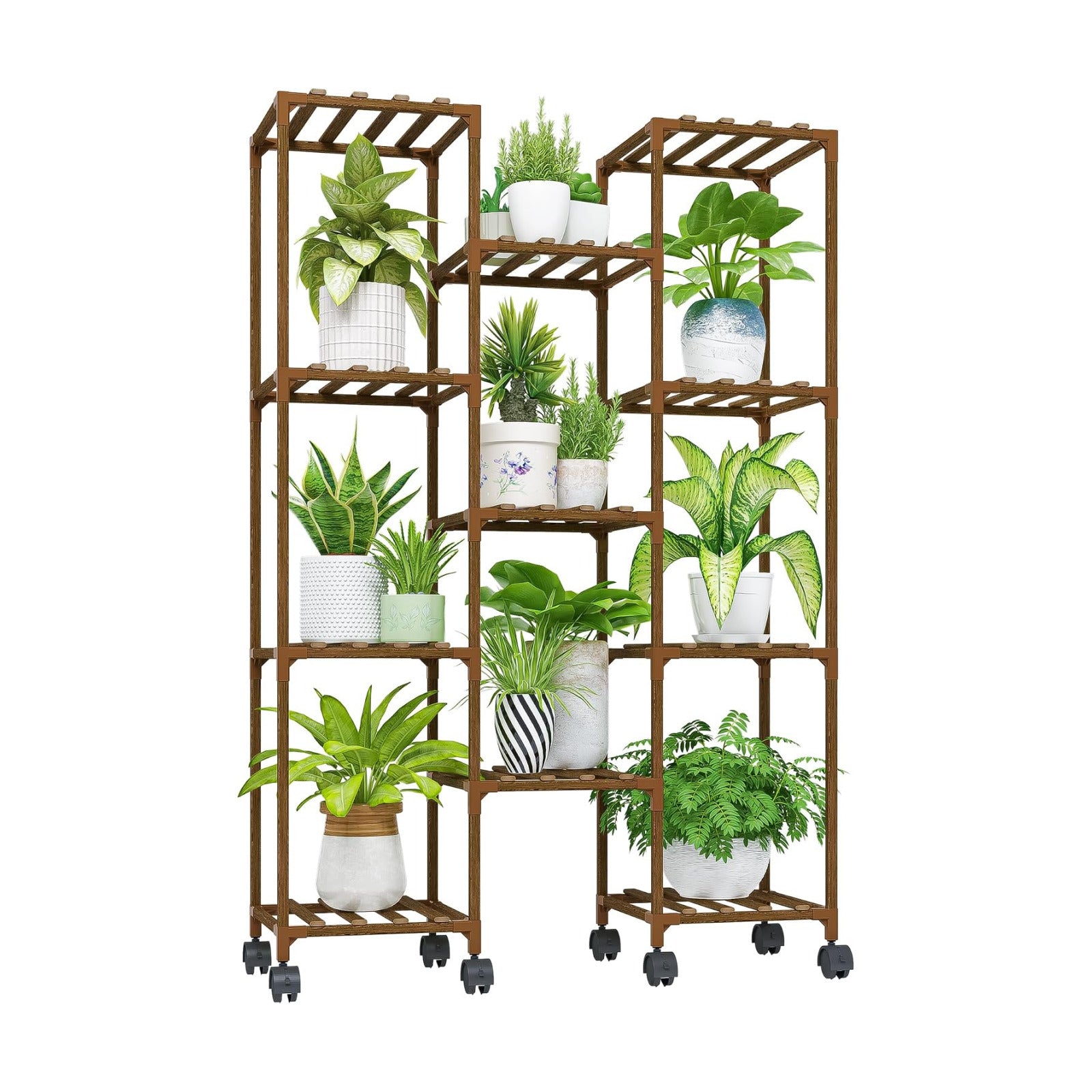 Bamworld Plant Stand With Wheels Indoor Outdoor Wood Plants Shelf for Multiple Plants 11 Pots,Tall Large Flower Holder