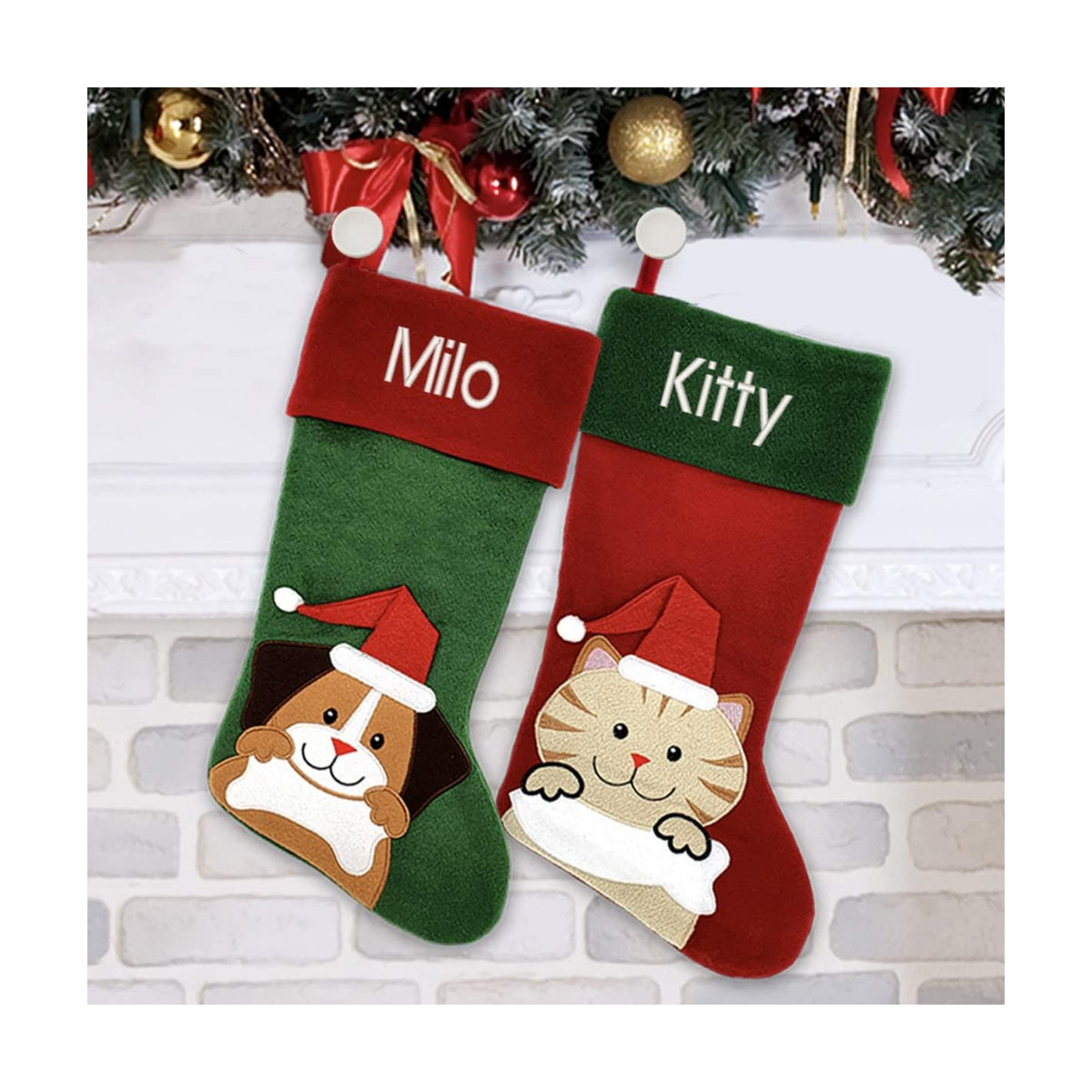Personalized Christmas Stocking - Cat Design - Embroidered Name - Large 18.5inch, Traditional Red and Green, Family Holiday Season Decor