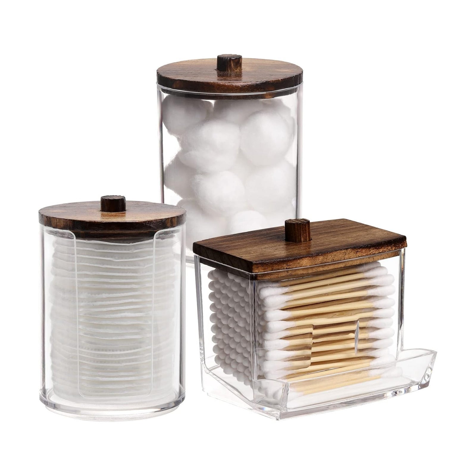 Tbestmax Bathroom Organizer Accessories Set-10 OZ Qtips Holder Storage with Wood Lids, Cotton Ball/Swabs Dispenser
