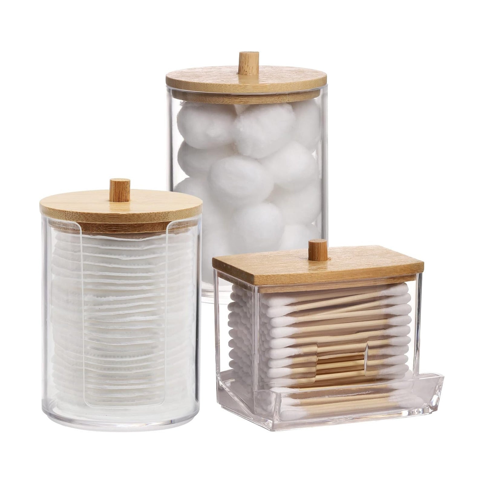 Tbestmax Bathroom Organizer Accessories Set-10 OZ Qtips Holder Storage with Bamboo Lids, Cotton Ball/Swabs Dispenser
