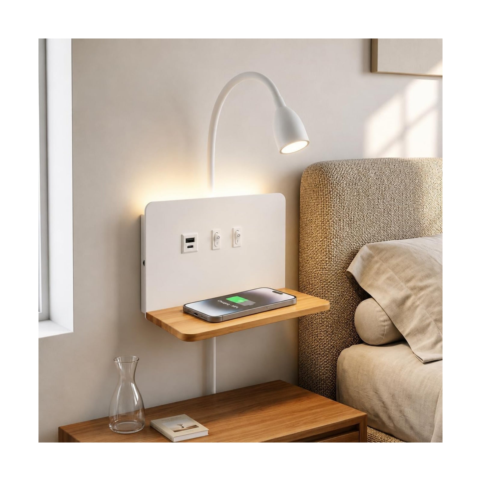 White Bedside Wall Sconce with Wireless Charging Station, USB-C & USB-A Ports, Plug in Wall Light with Shelf, Gooseneck