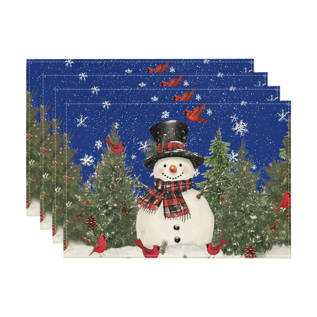 Artoid Mode Snowman Cardinals Trees Blue Christmas Placemats for Dining Table, 12 x 18 Inch Seasonal Winter Birds Xmas Holiday Rustic Vintage Thanksgiving Washable Table Mats Set of 4