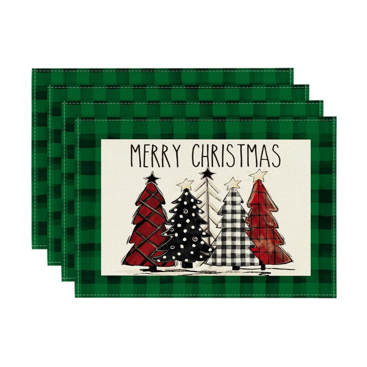 Artoid Mode Waterclor Green Buffalo Plaid Christmas Trees Placemats Set of 4, 12x18 Inch Winter Table Mats for Outdoor Home Party Kitchen Dining Decor