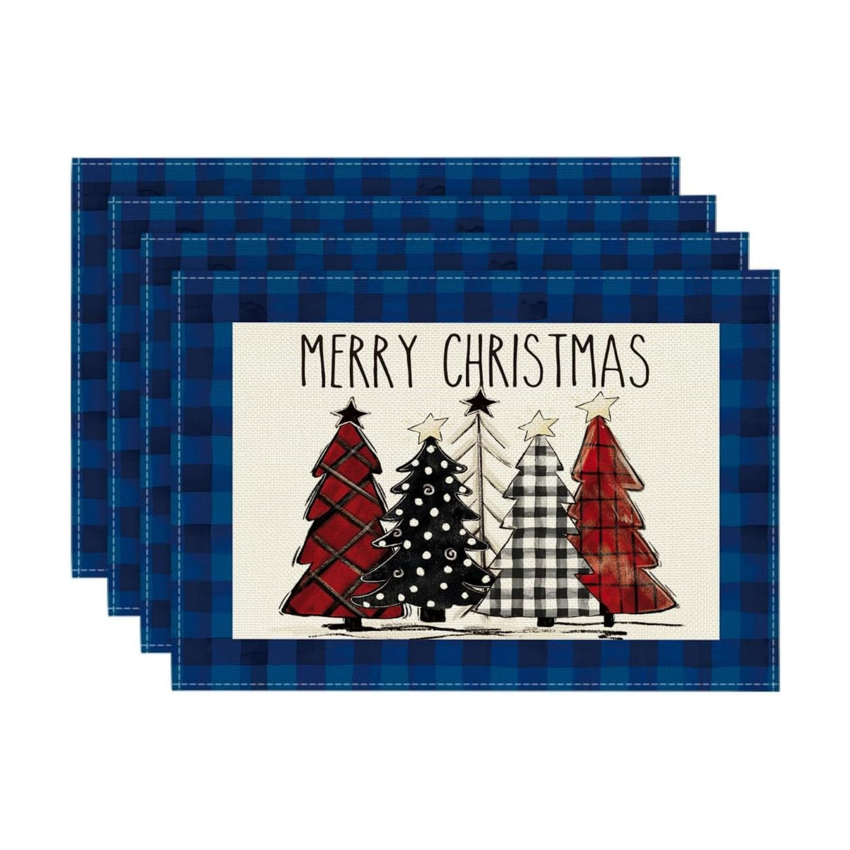 Artoid Mode Blue Waterclor Buffalo Plaid Christmas Trees Placemats Set of 4, 12x18 Inch Winter Table Mats for Outdoor Home Party Kitchen Dining Decor