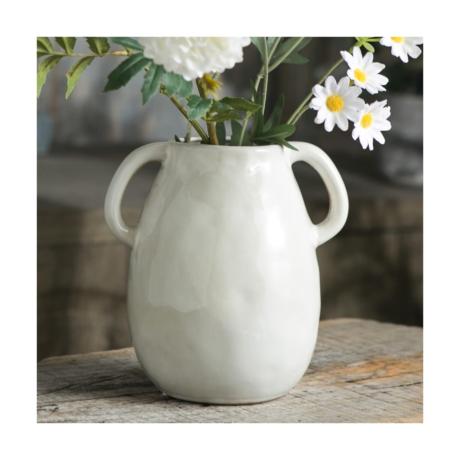 White Ceramic Vase / Double Handle - White