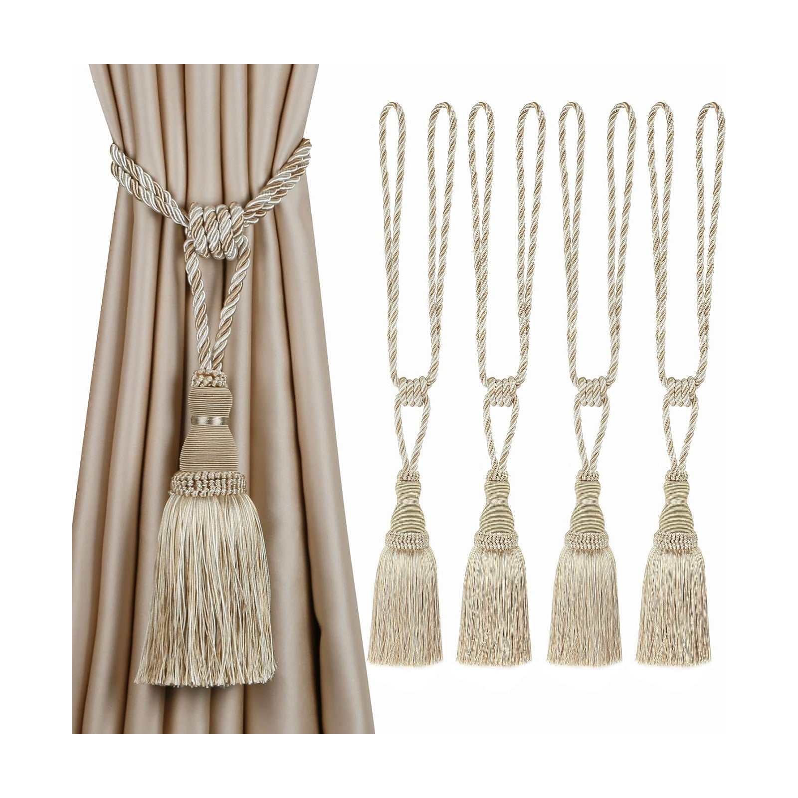 BEL AVENIR 4 Pack Curtain Tiebacks Tassel Drapery Tie-Backs Rope Holdbacks | Handmade, Home Office Hotel Decorative