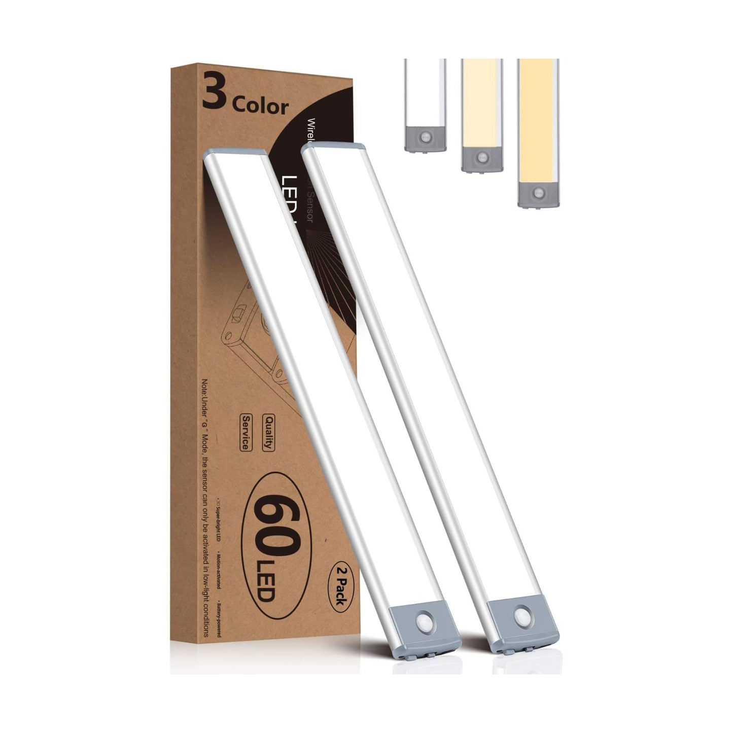 PRIORARE Motion Sensor Under Cabinet Lighting 3 Color Temperatures, 60-LED Wireless Closet Light, USB-C Rechargeable