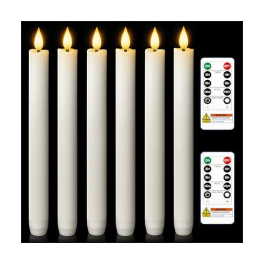 Homemory 6 Pcs Wax Flameless Taper Candles with Remote Timer and Dimmer, White Candle Sticks Battery Operated, LED Window Candles with Flickering Light, 9.6 Inches for Wedding Home Indoor Decoration