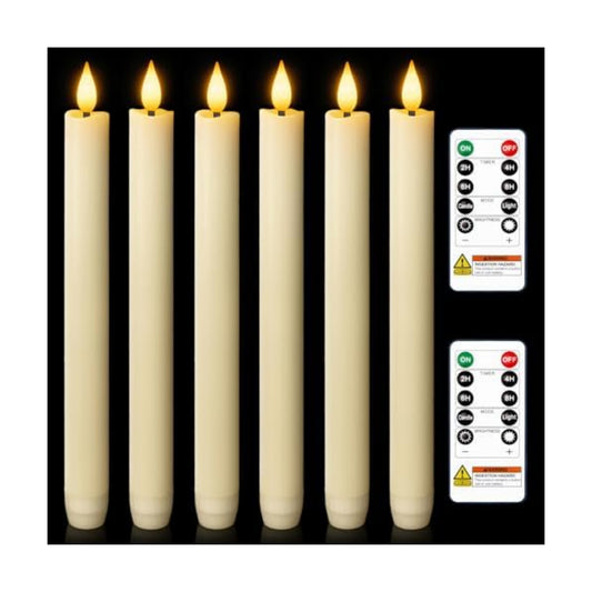 Homemory 6 Pcs Wax Flameless Taper Candles with Remote Timer and Dimmer, LED Candle Sticks with Flickering Light, Ivory Battery Operated Window Candles, 9.6 Inches for Wedding Home Indoor Decoration