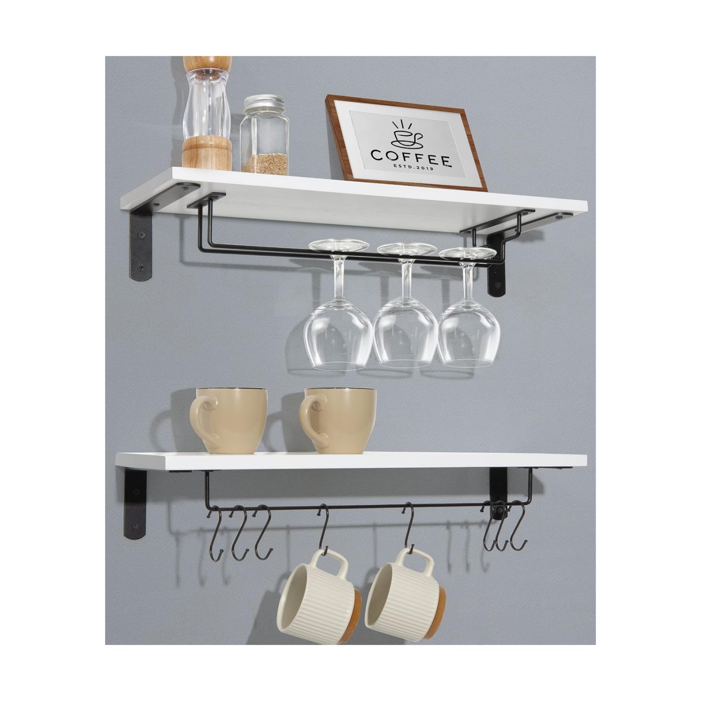 Afuly Coffee Bar Shelf, 20 Inch Coffee Mug Holder Wall Mount, White Shelves | Mug Shelf for Mugs & Glasses, Floating