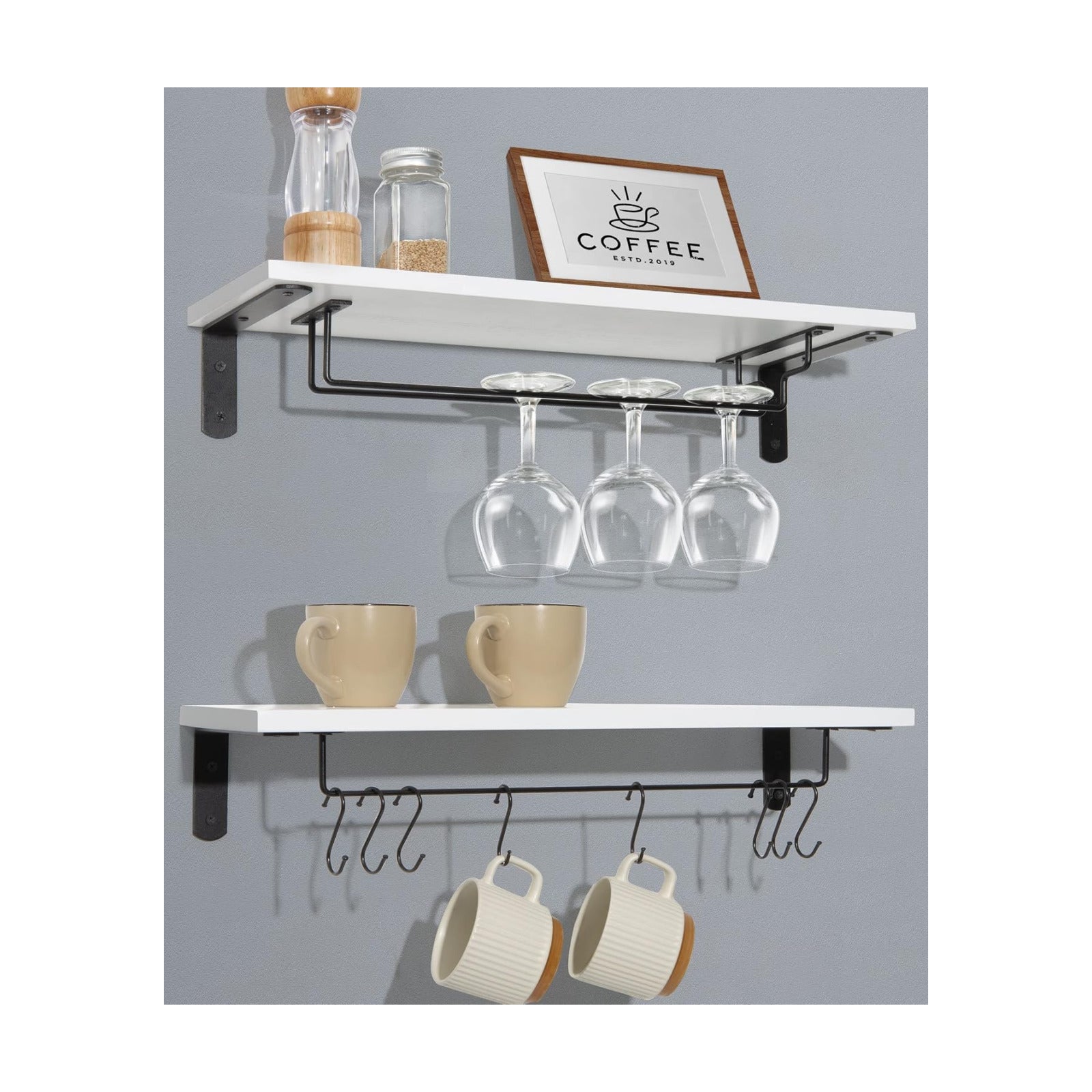 Afuly Coffee Bar Shelf, 20 Inch Coffee Mug Holder Wall Mount, White Shelves | Mug Shelf for Mugs & Glasses, Floating
