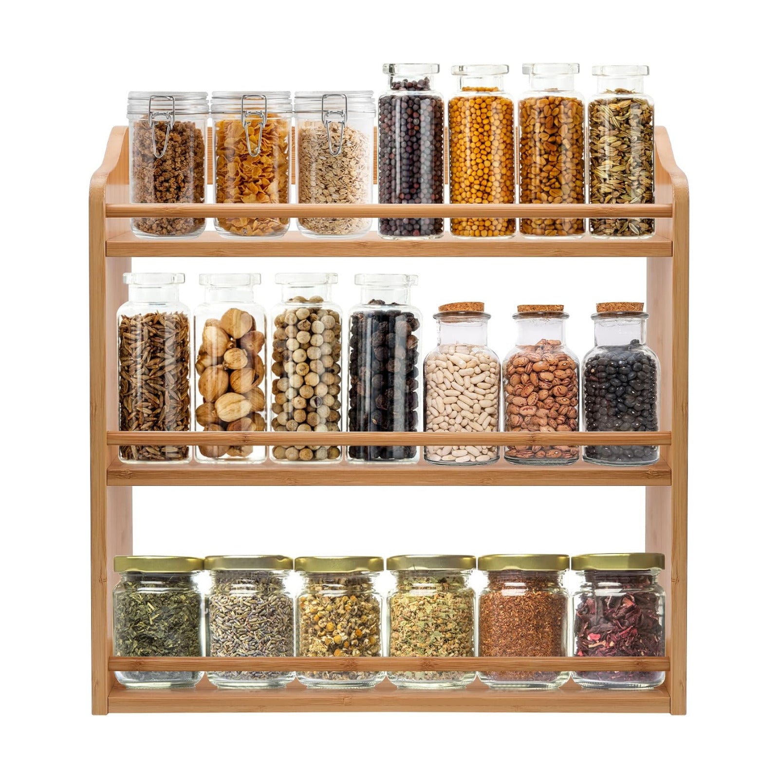 3 Tier Bamboo Spice Rack Wall Mount or Countertop,Spice Organizer | Seasoning Jars Rack Spice Shelf Organizer for