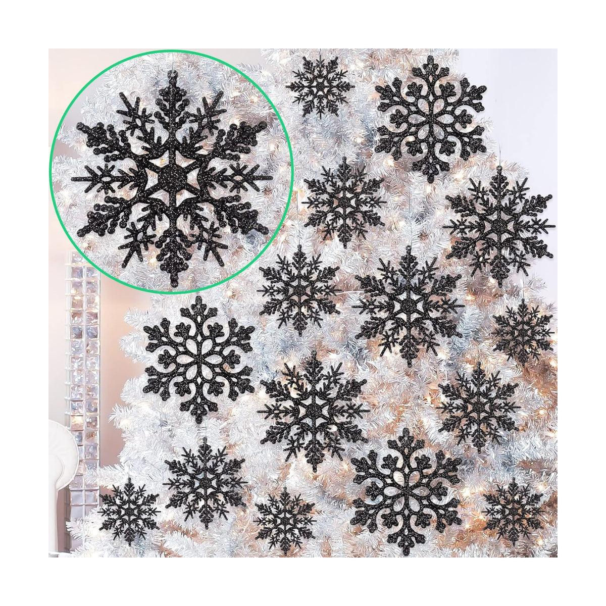 36pcs Black Christmas Snowflake Ornaments, Plastic Glitter Hanging Snow Flakes for Christmas Tree Decorations Winter Wonderland Frozen Birthday Party Holiday Home Decor Craft Snowflakes