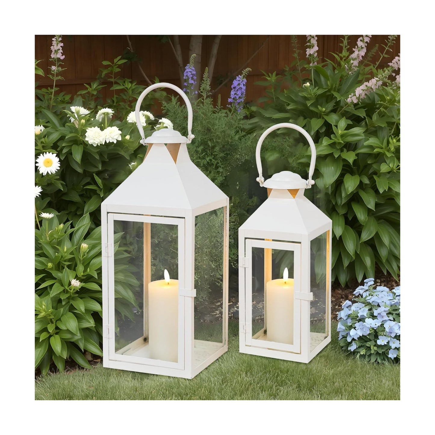 JHY DESIGN Set of 2 Cream Decorative Lanterns 17.5inch&13.5inch Metal Candle Lanterns for Indoor Outdoor Events Paritie