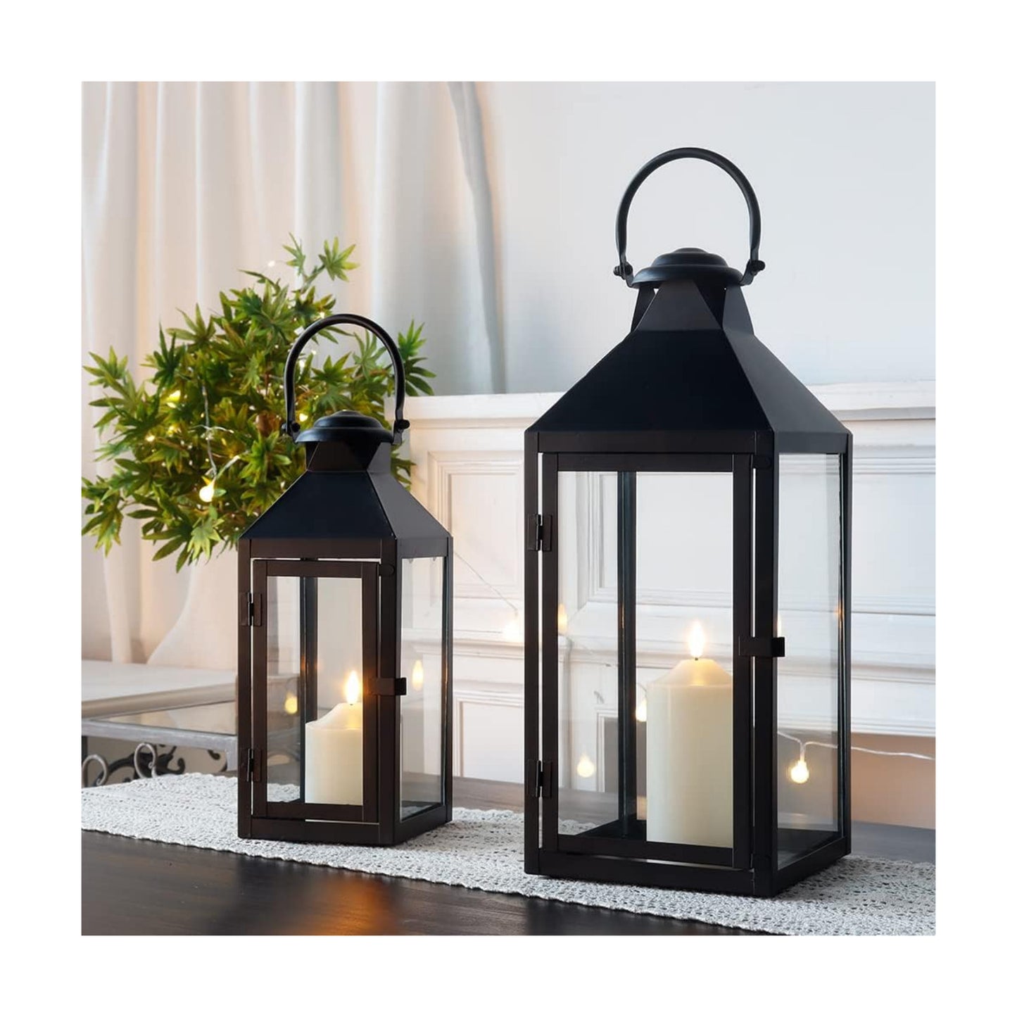JHY DESIGN Set of 2 Black Decorative Lanterns 17.5inch&13.5inch Metal Candle Lanterns for Indoor Outdoor Events Paritie