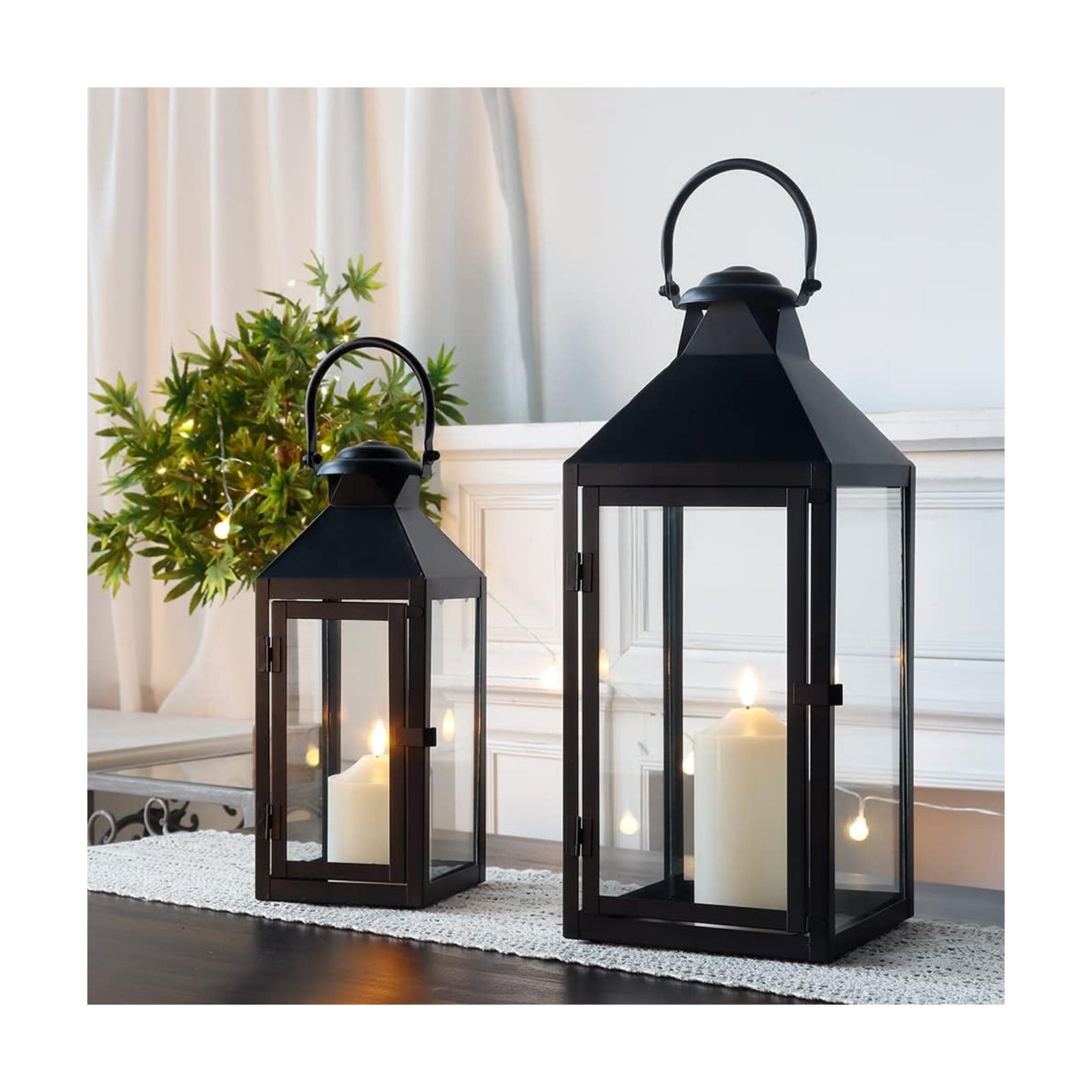 JHY DESIGN Set of 2 Black Decorative Lanterns 17.5inch&13.5inch Metal Candle Lanterns for Indoor Outdoor Events Paritie