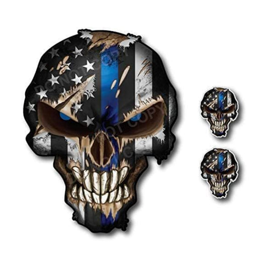 Skull Decal Sticker / Blue Line / 24 Inch