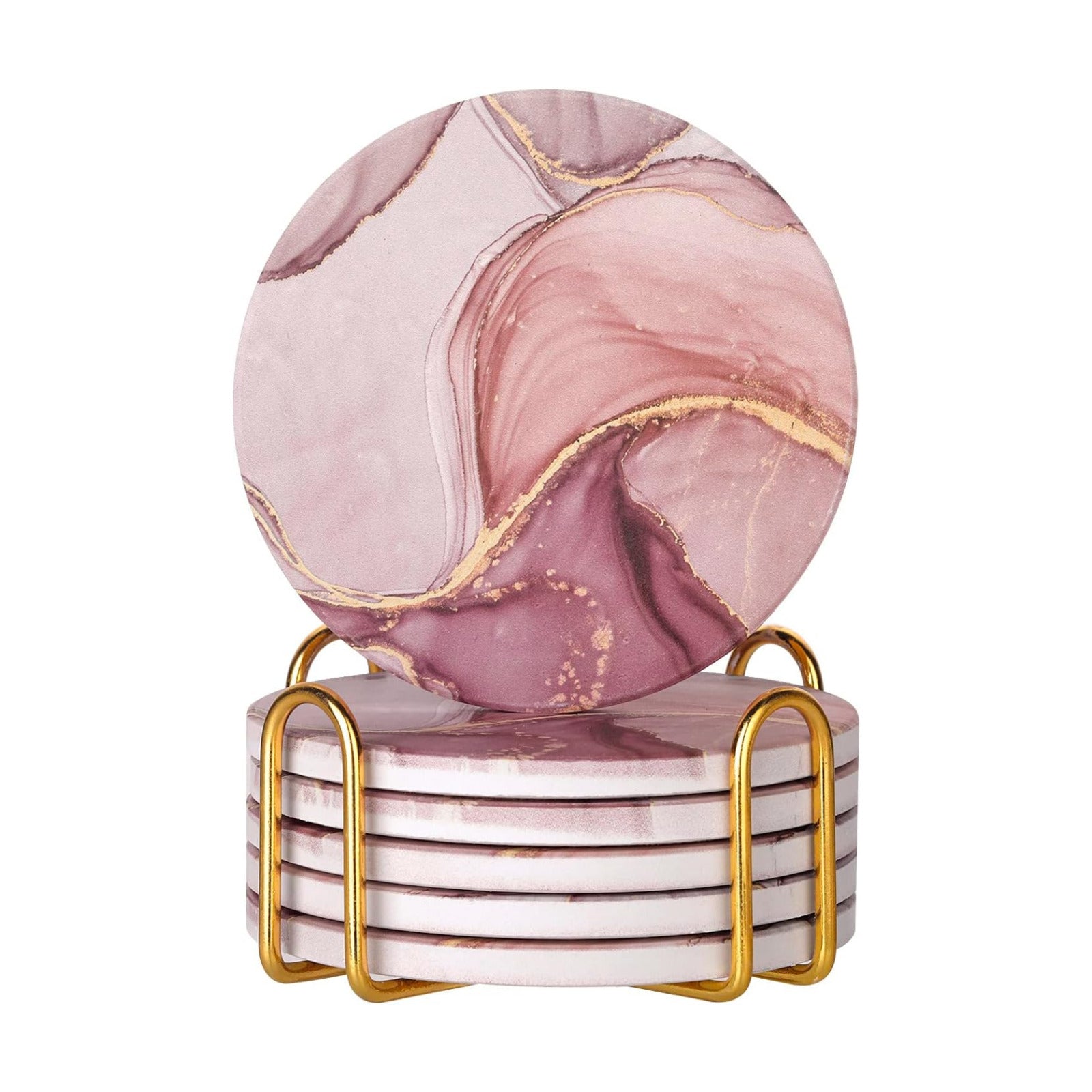 Gold Holder and Cork Base Round Decorative Tabletop / Pink / Set of 6