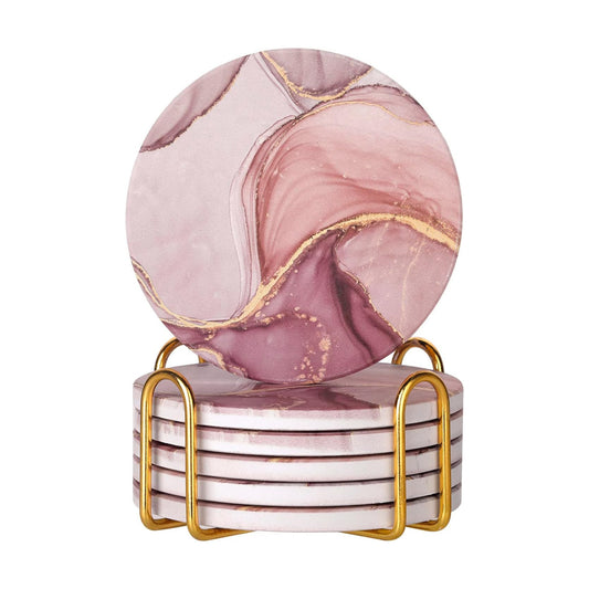 Gold Holder and Cork Base Round Decorative Tabletop / Pink / Set of 6