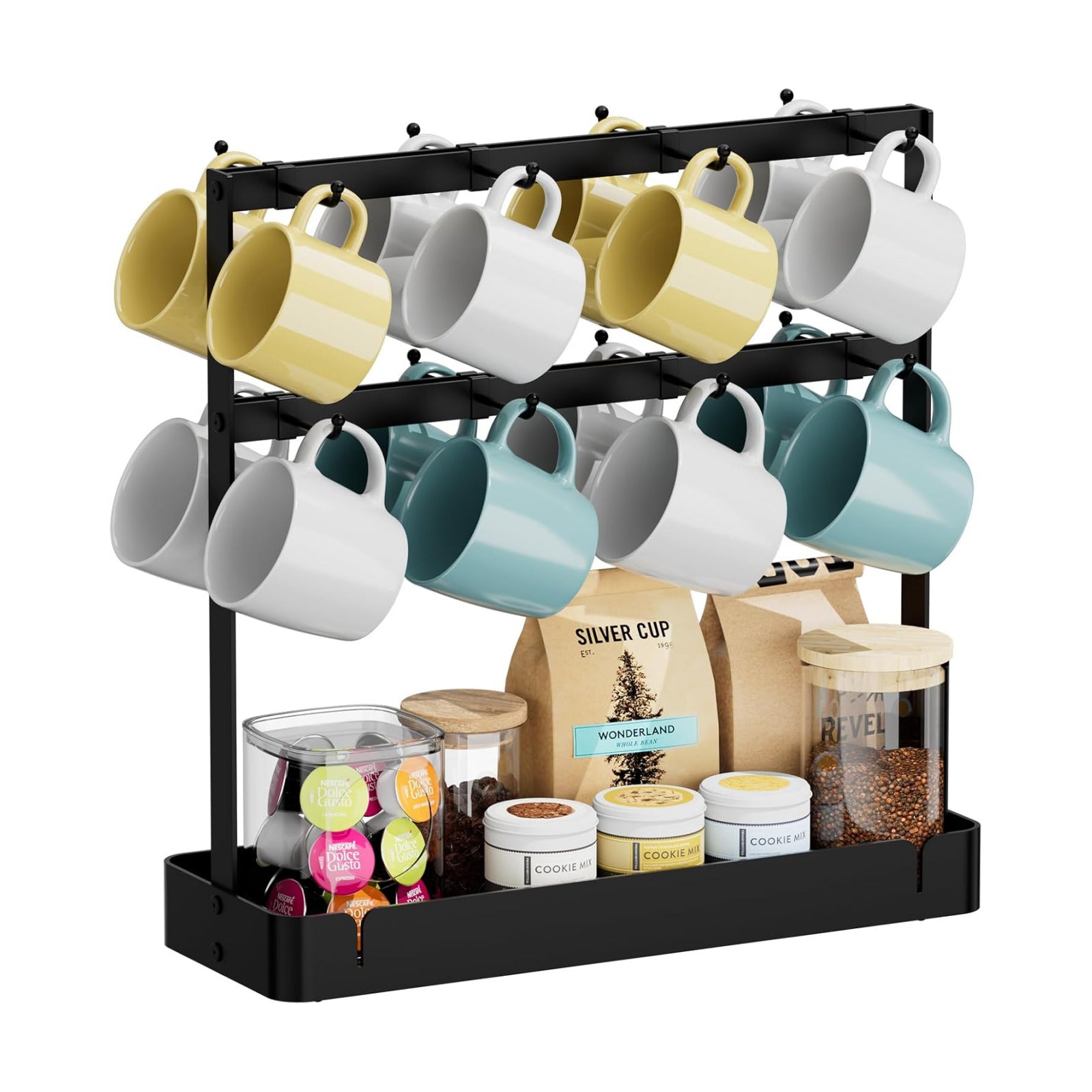 Coffee Mug Holder, 2 Tier Metal Mug Rack with 16 Movable Hooks | Extra Cup Holder for Countertop, Organize Coffee Mugs