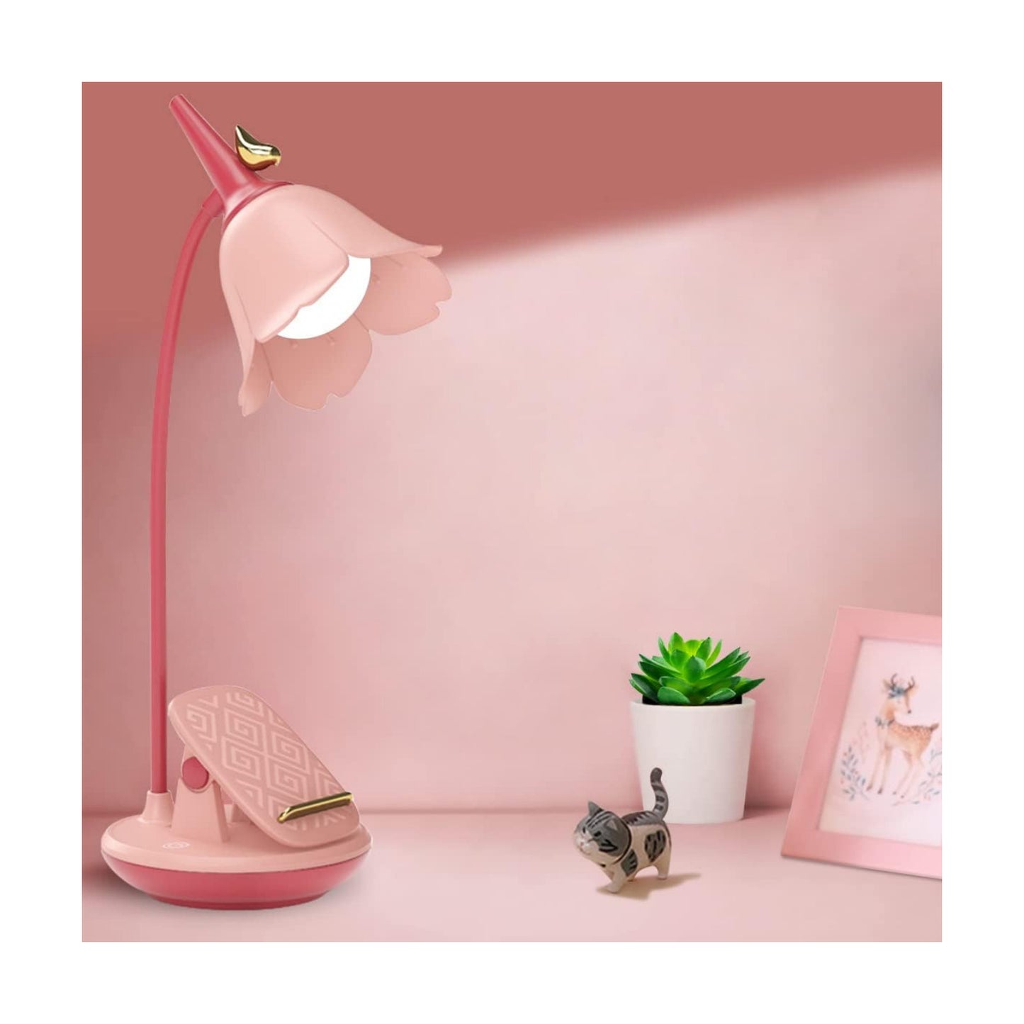 Pink Desk Lamp with Clamp, Rechargeable LED Small Lamp, Adjustable Gooseneck, Dimmable Cute for Kids Girls Bedroom Dorm