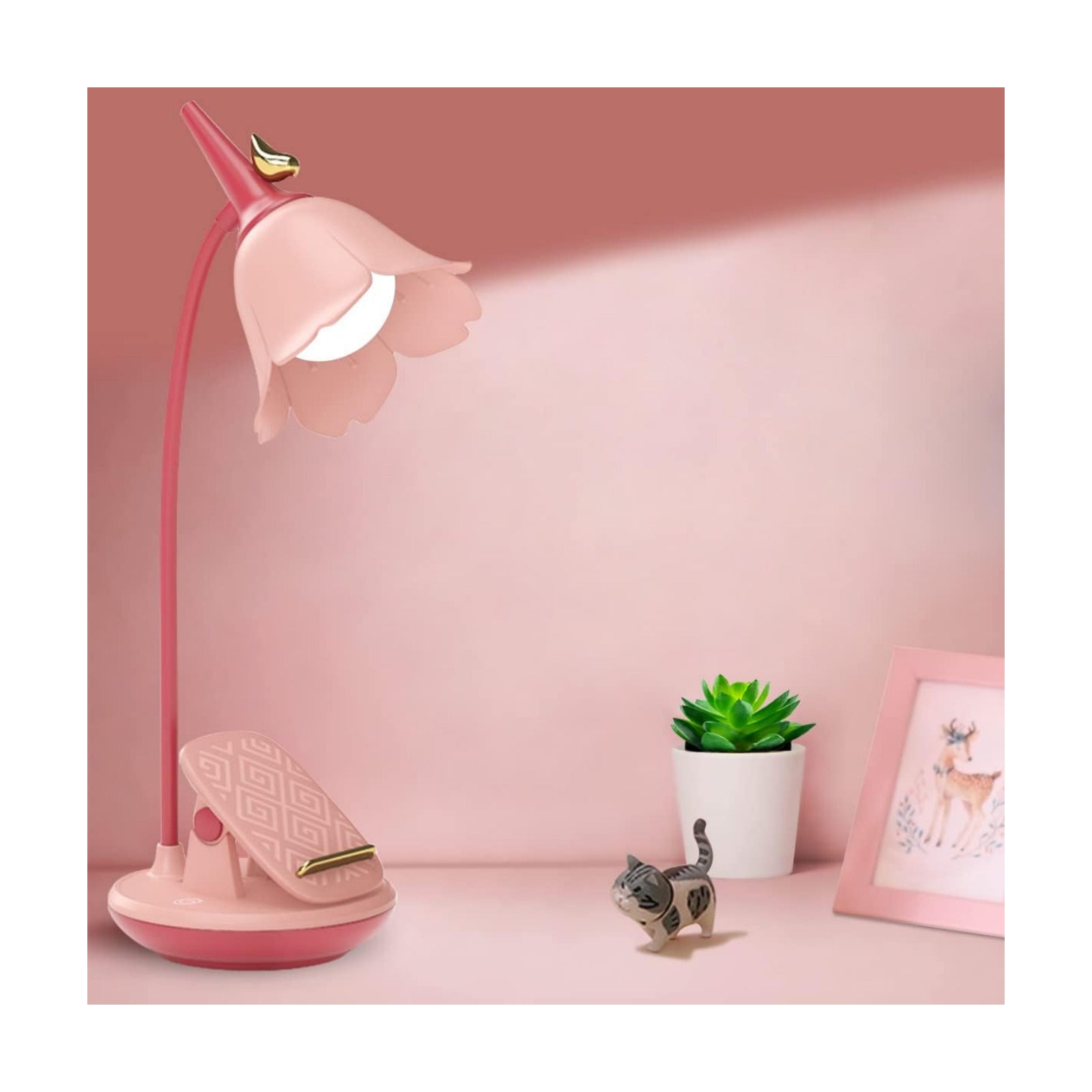 Pink Desk Lamp with Clamp, Rechargeable LED Small Lamp, Adjustable Gooseneck, Dimmable Cute for Kids Girls Bedroom Dorm