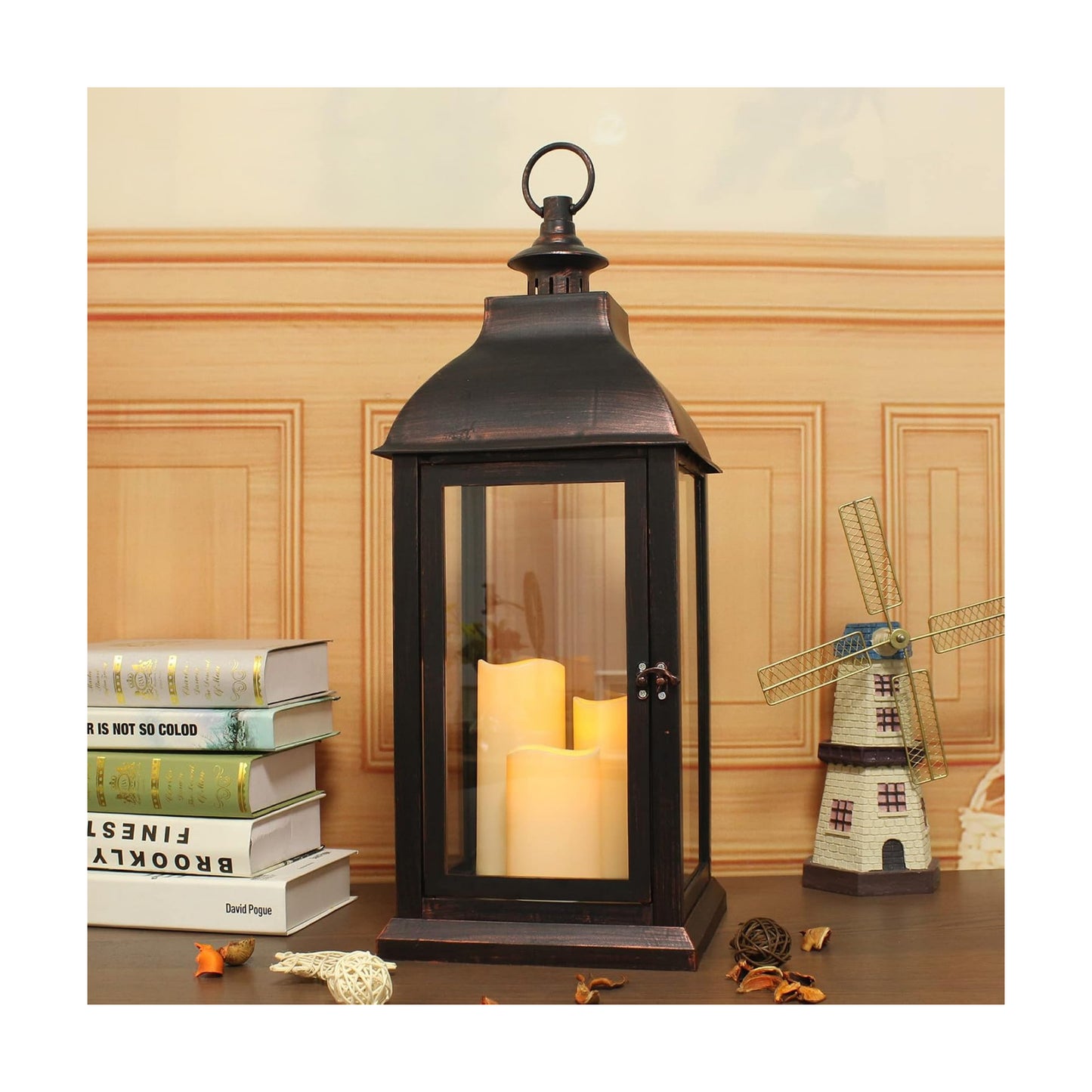 1Pack Decorative Lantern 24.80" H with Dancing Flame LED Timer Candle,ON/Off/Timer LED Candle with 6hours,Hanging