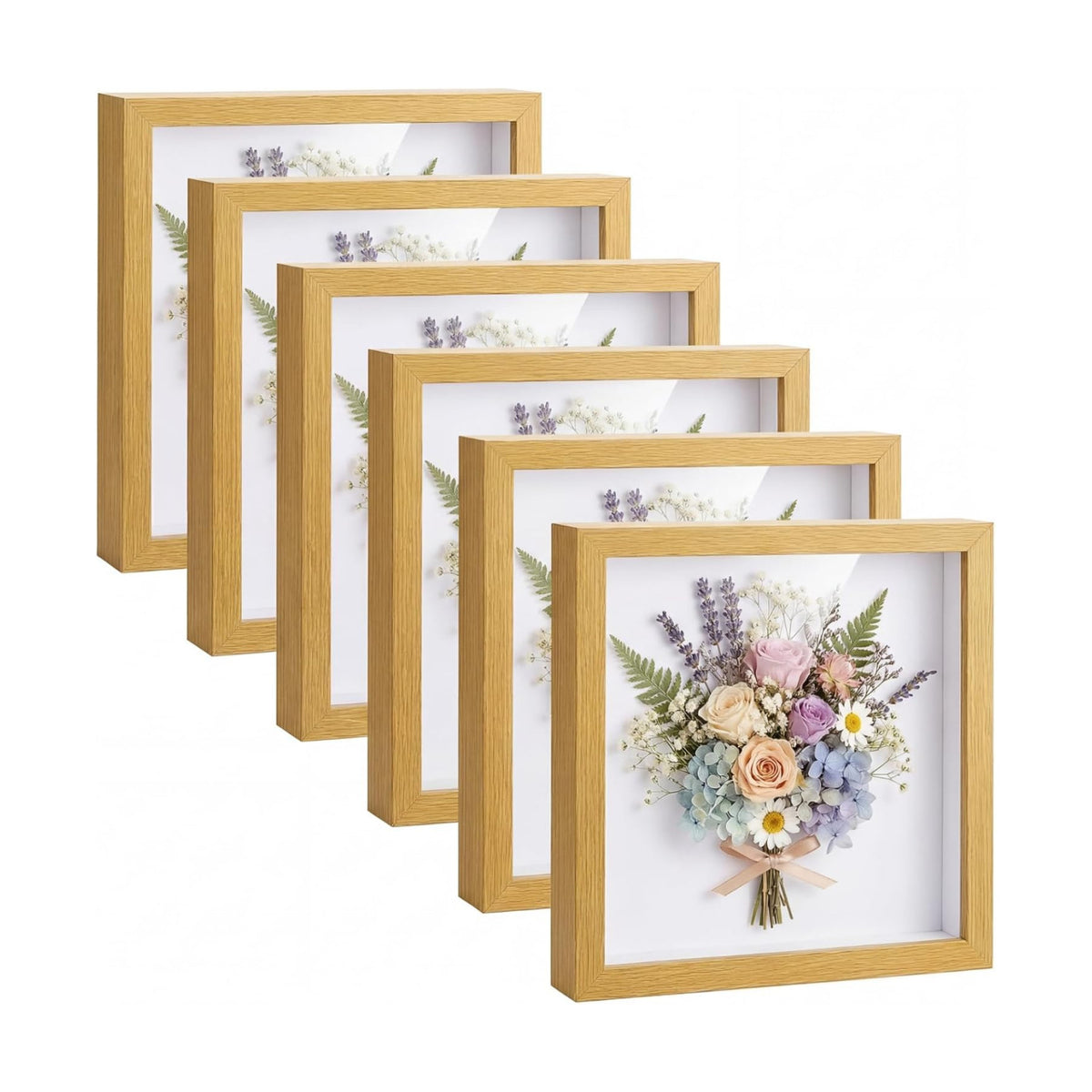 6 Pieces Shadow Box Picture Frame, Wood Color, 8 X 8 Inch | Deep Display Case for Graduation Medals Wedding Crafts Pins