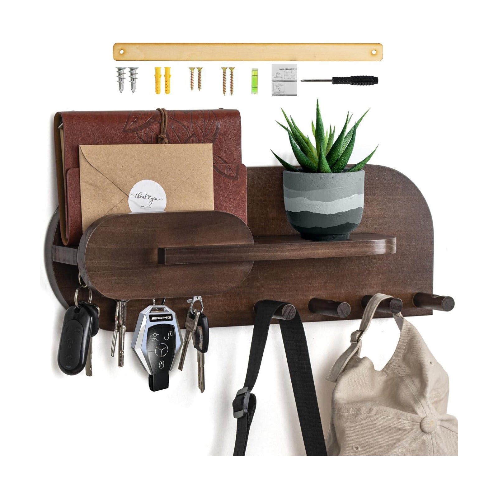 Solid Wood Mail and Key Holder / Brown