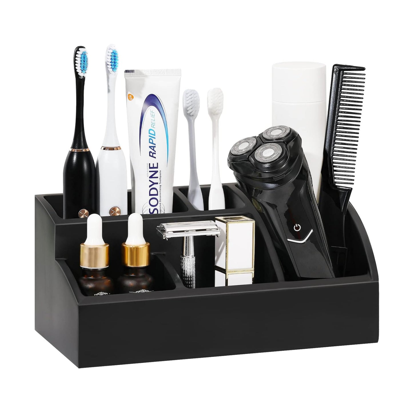 Luxspire Bathroom Counter Organizer, 5 Slots, Matte Black | Toothbrush Holder for Bathroom, Marble Bathroom Accessories